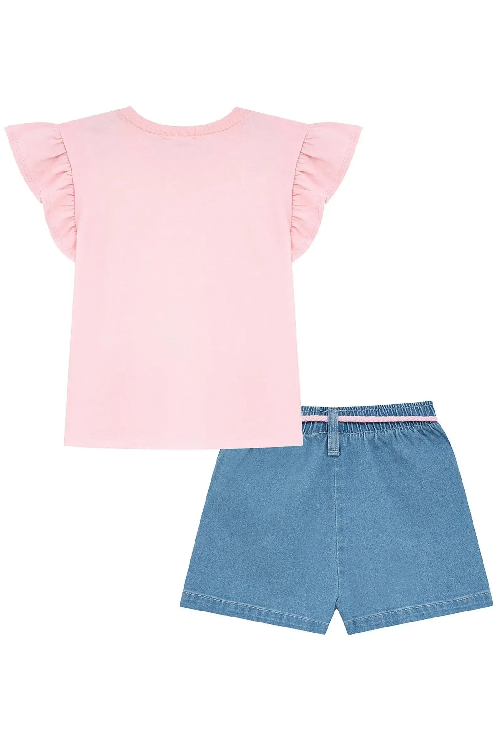 Conjunto de Blusa em Meia Malha e Shorts em Jeans com Elastano 95093 Kukiê Infantil Menina