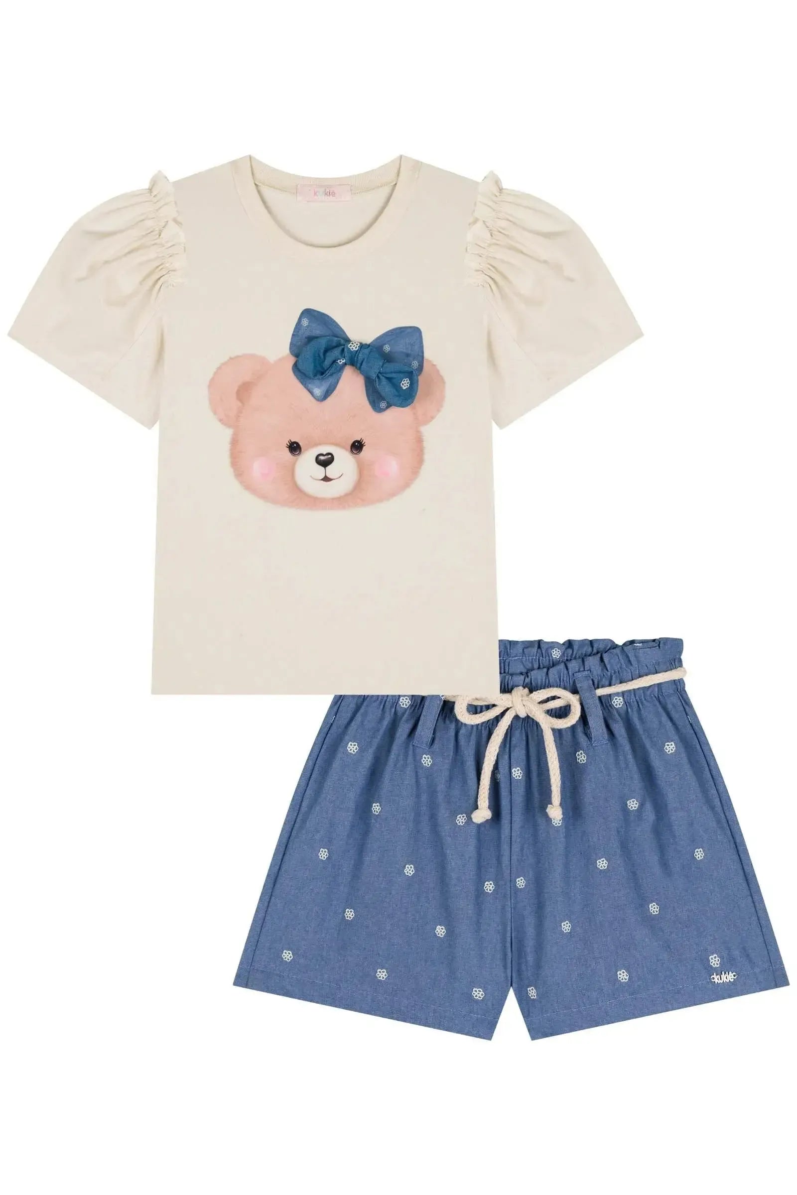 Conjunto de Blusa em Meia Malha e Shorts em Jeans Mini Bordado 84954 Kukiê Infantil Menina