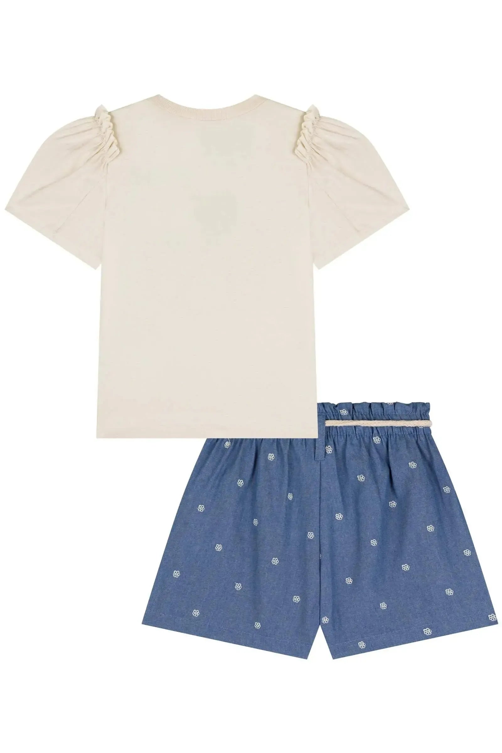 Conjunto de Blusa em Meia Malha e Shorts em Jeans Mini Bordado 84954 Kukiê Infantil Menina