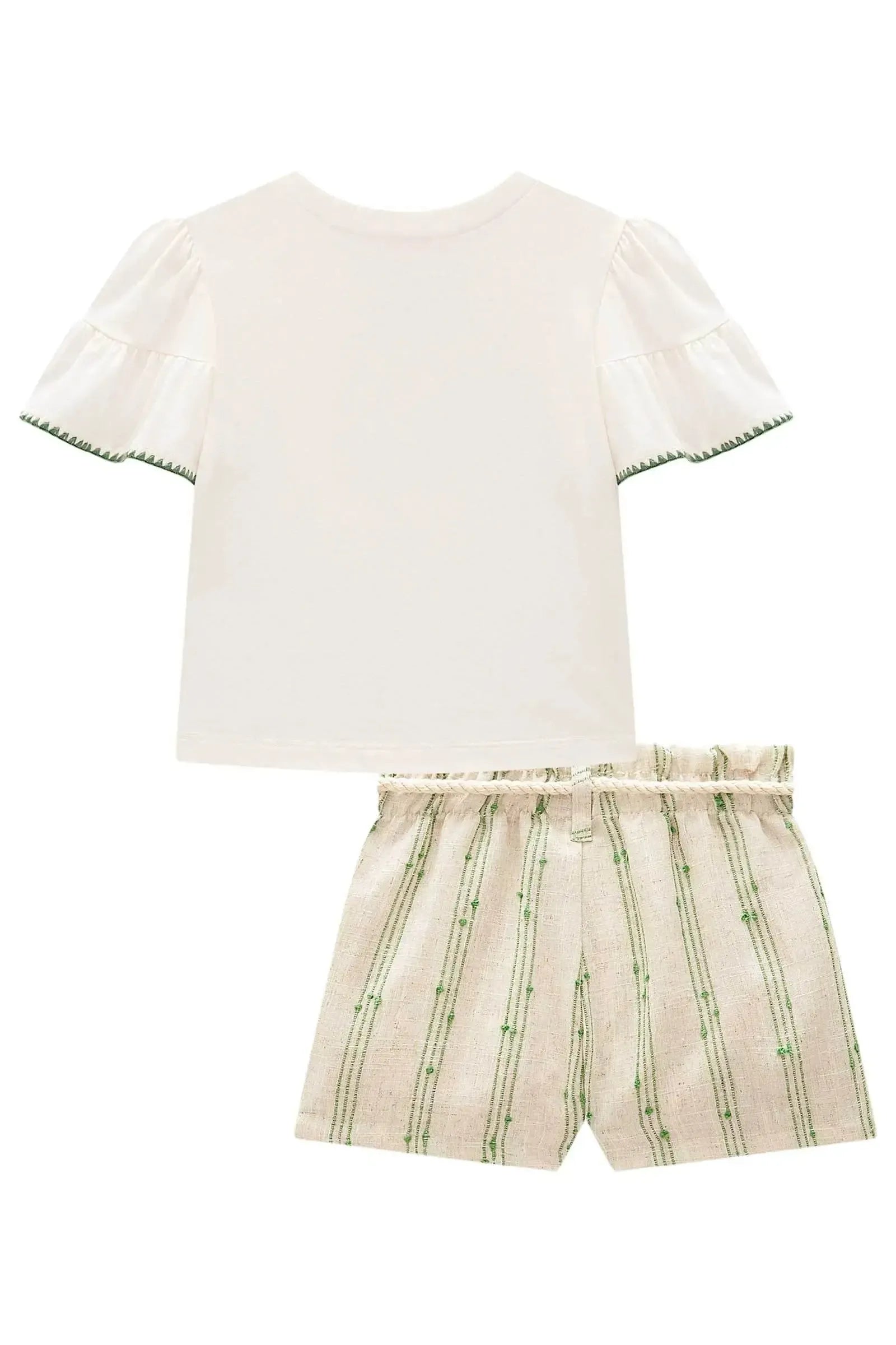 Conjunto de Blusa em Meia Malha e Shorts em Linho Bordado Listras 98273 Kukiê Infantil Menina