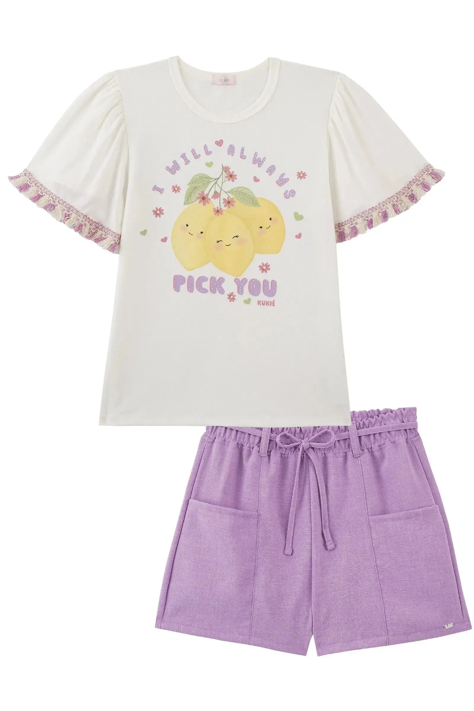 Conjunto de Blusa em Meia Malha e Shorts em Linho Rústico 93681 Kukiê Infantil Menina