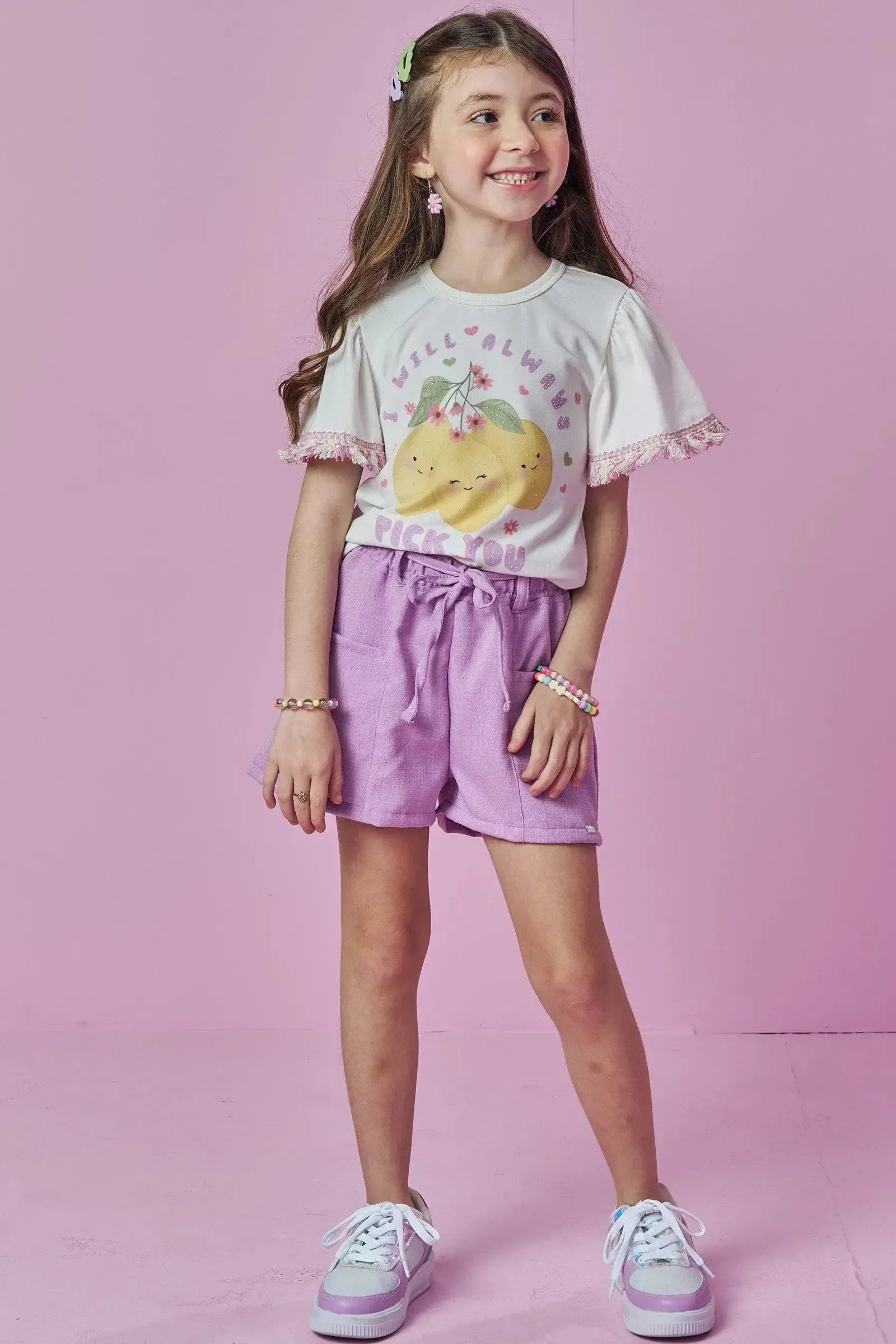 Conjunto de Blusa em Meia Malha e Shorts em Linho Rústico 93681 Kukiê Infantil Menina