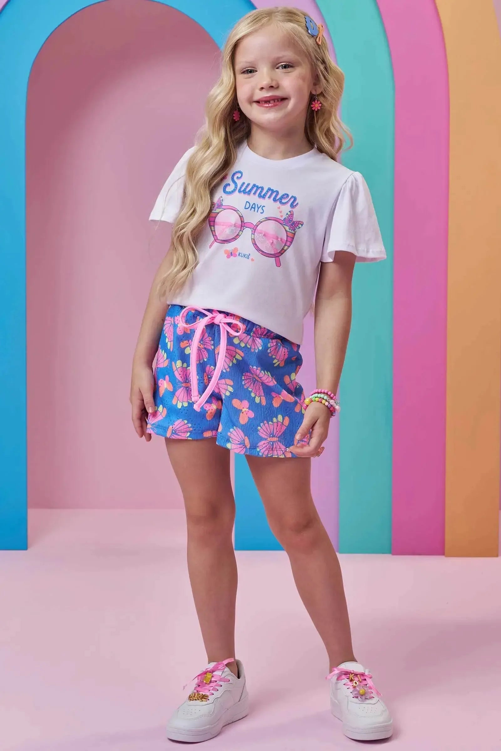 Conjunto de Blusa em Meia Malha e Shorts em Malha Laise 99610 Kukiê Infantil Menina