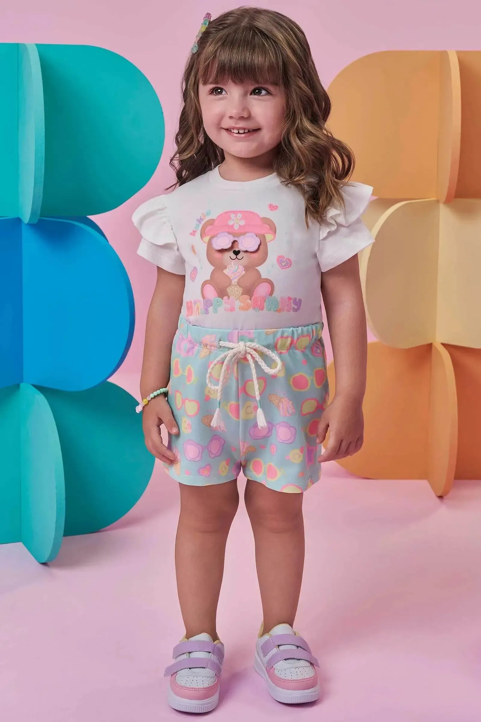 Conjunto de Blusa em Meia Malha e Shorts em Molecotton 98910 Kukiê Infantil Menina