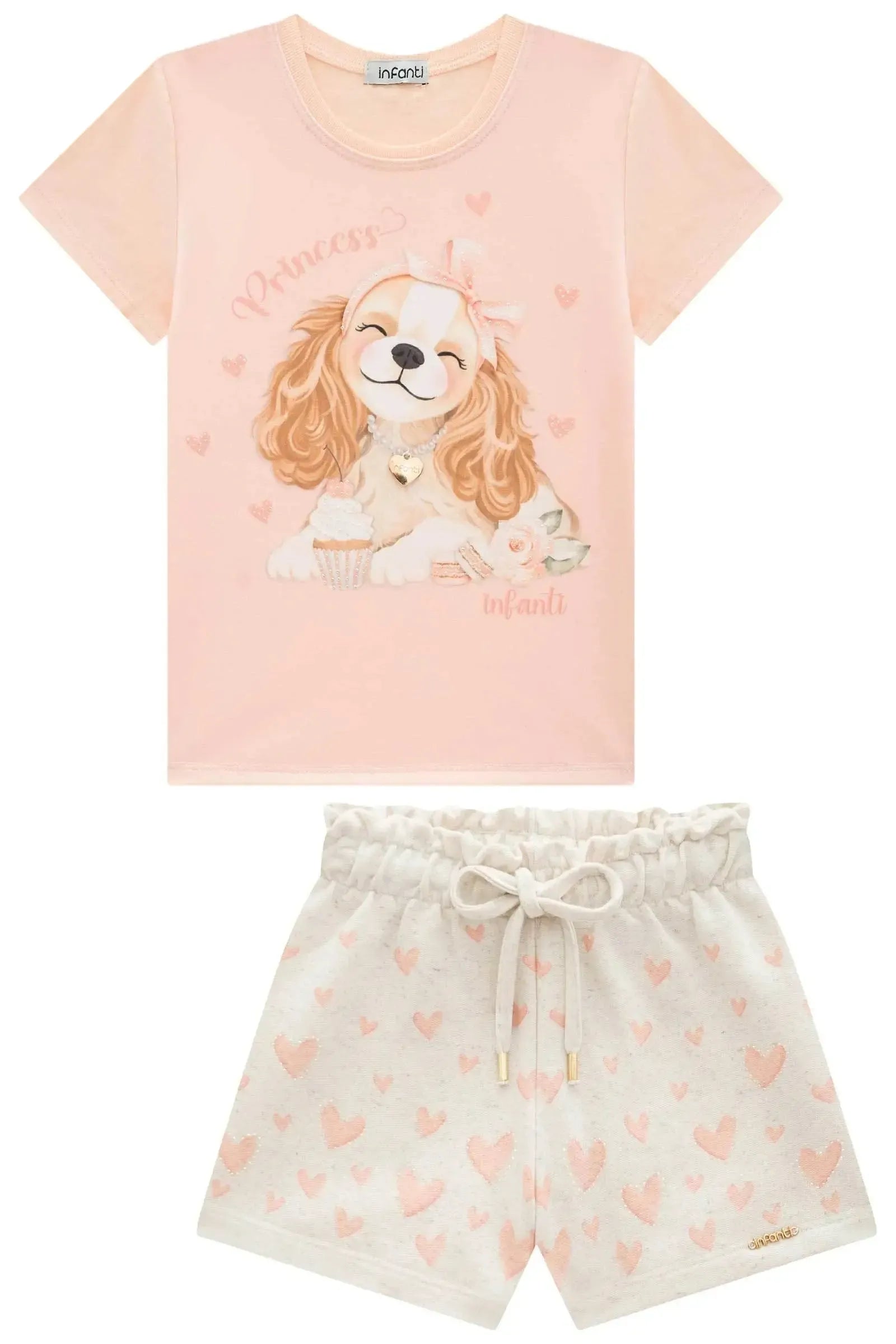 Conjunto de Blusa em Meia Malha e Shorts em Moletom Linho sem Pelúcia 96345 Infanti Infantil Menina