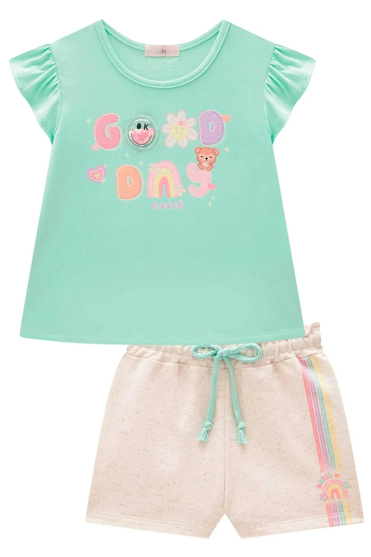 Conjunto de Blusa em Meia Malha e Shorts em Moletom Linho sem Pelúcia 98380 Kukiê Infantil Menina