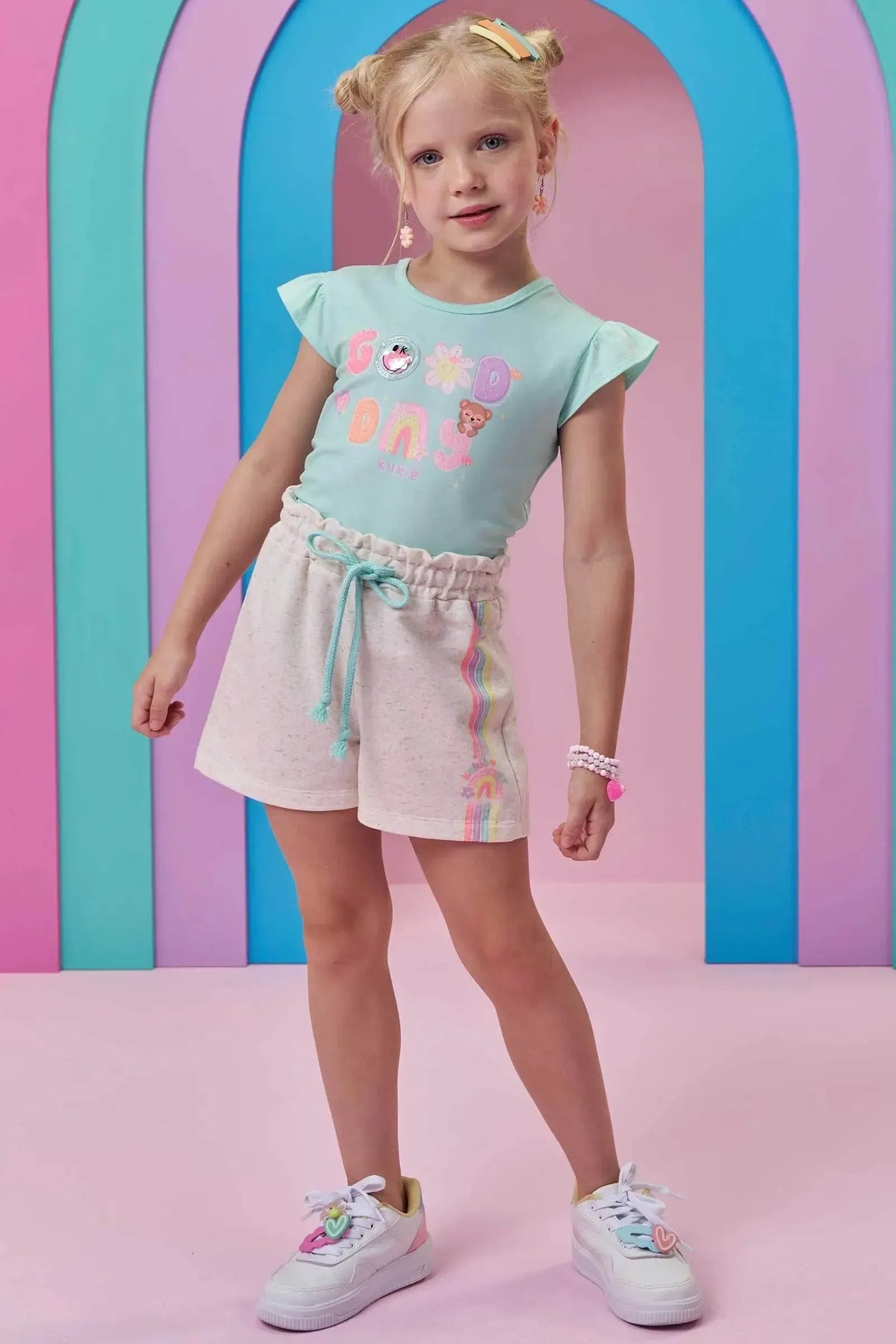 Conjunto de Blusa em Meia Malha e Shorts em Moletom Linho sem Pelúcia 98380 Kukiê Infantil Menina