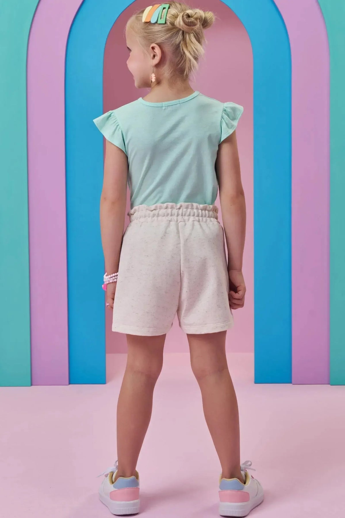 Conjunto de Blusa em Meia Malha e Shorts em Moletom Linho sem Pelúcia 98380 Kukiê Infantil Menina