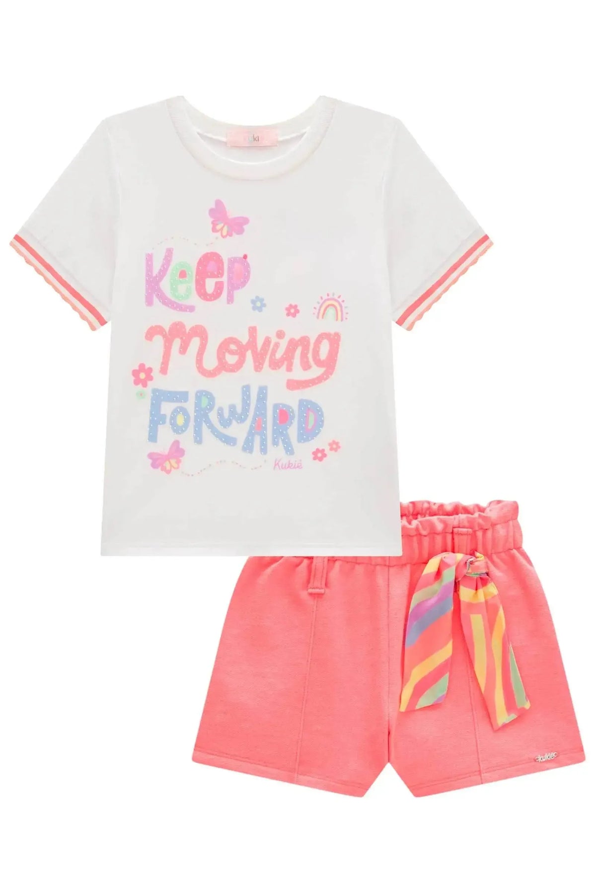 Conjunto de Blusa em Meia Malha e Shorts em Moletom sem Pelúcia 99378 Kukiê Infantil Menina