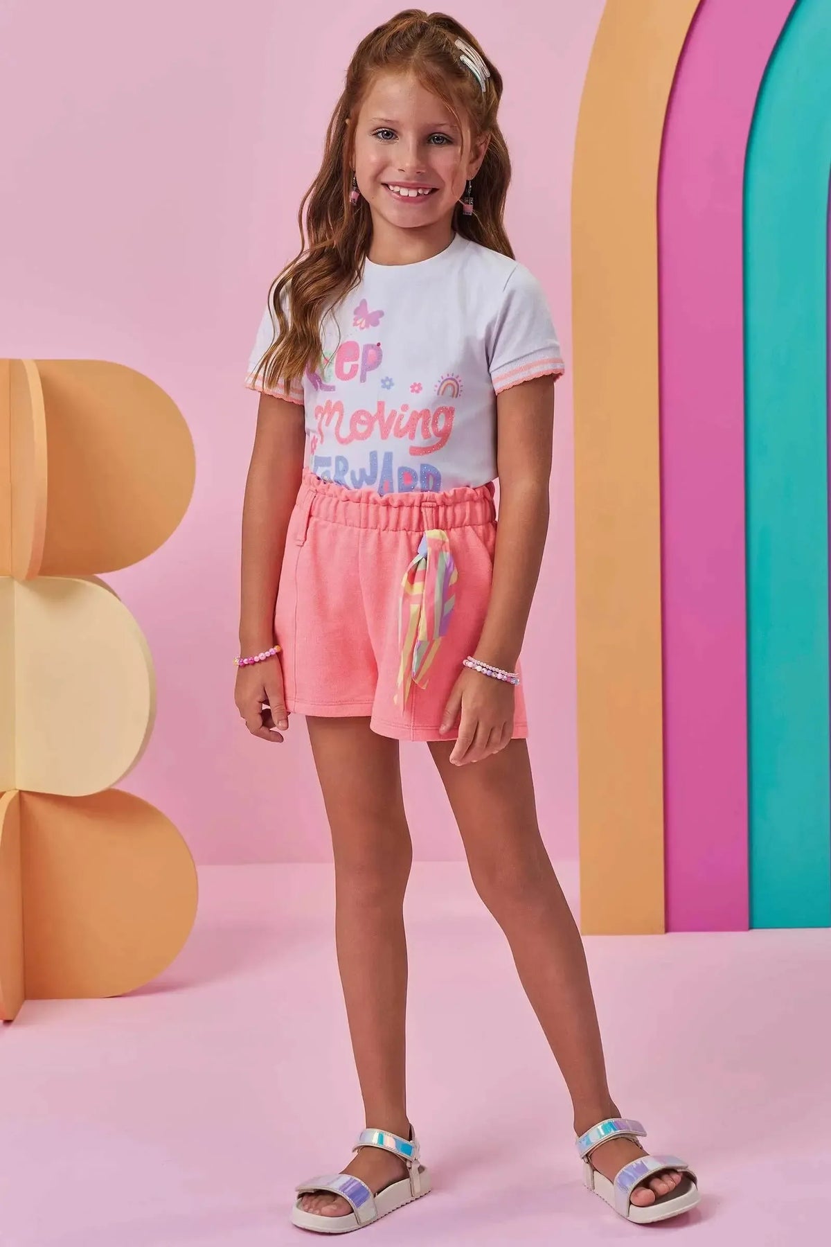 Conjunto de Blusa em Meia Malha e Shorts em Moletom sem Pelúcia 99378 Kukiê Infantil Menina