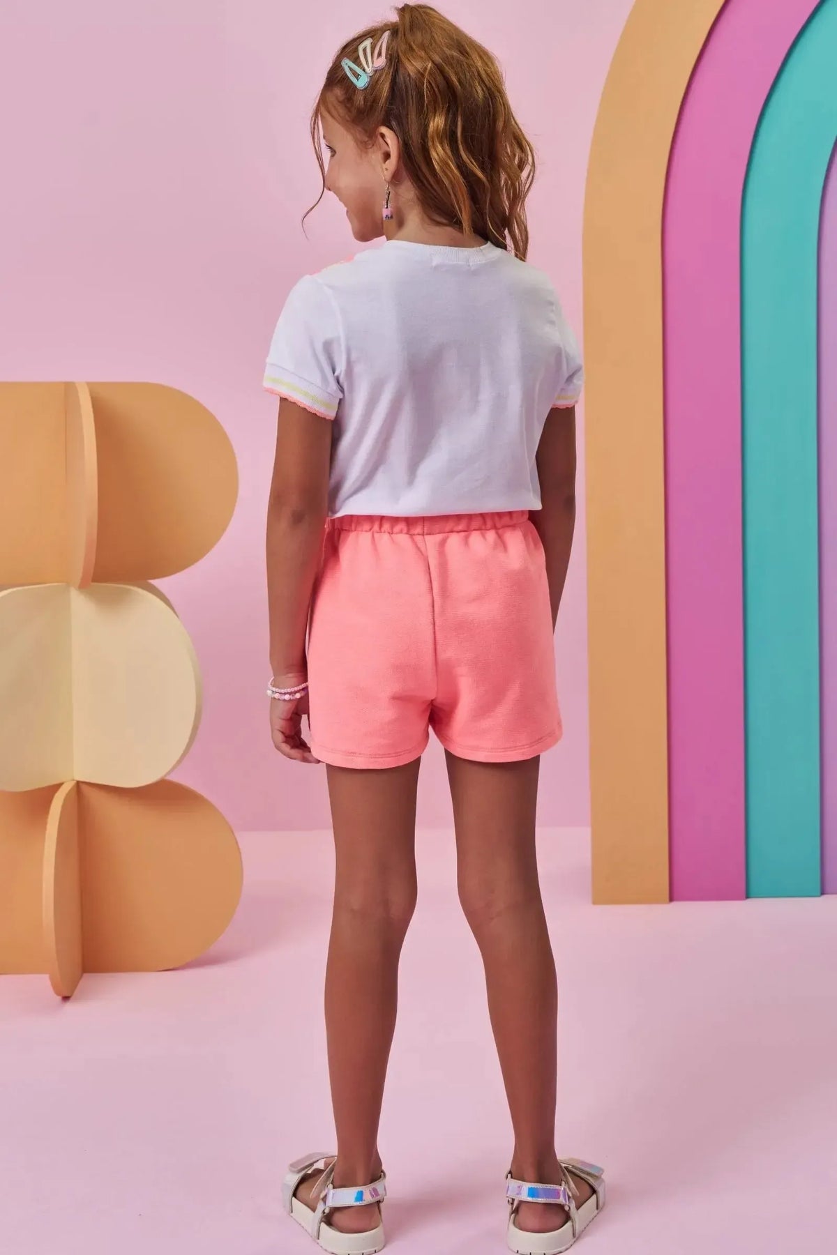 Conjunto de Blusa em Meia Malha e Shorts em Moletom sem Pelúcia 99378 Kukiê Infantil Menina