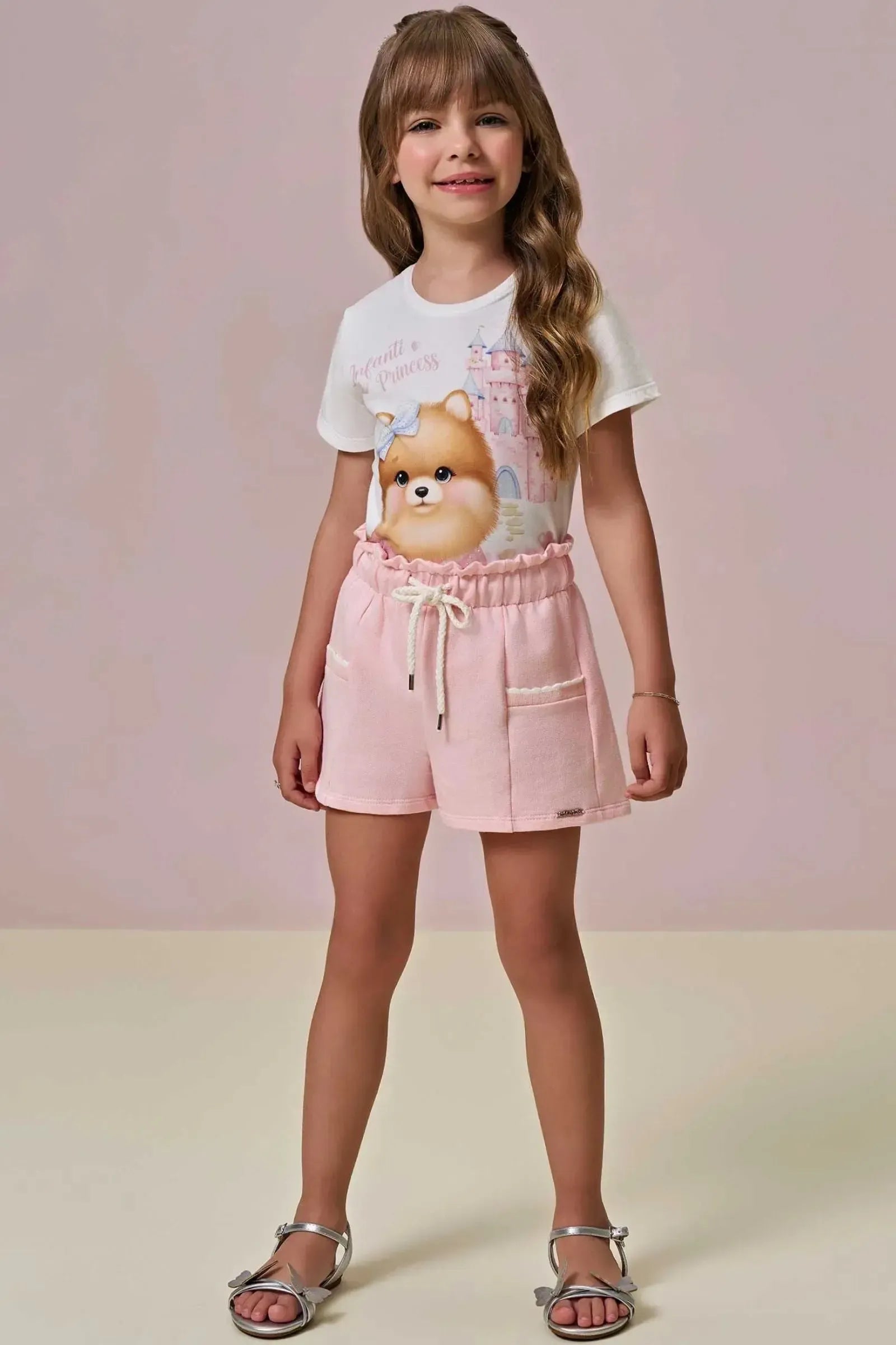 Conjunto de Blusa em Meia Malha e Shorts em Moletom sem Pelúcia 93269 Infanti Infantil Menina