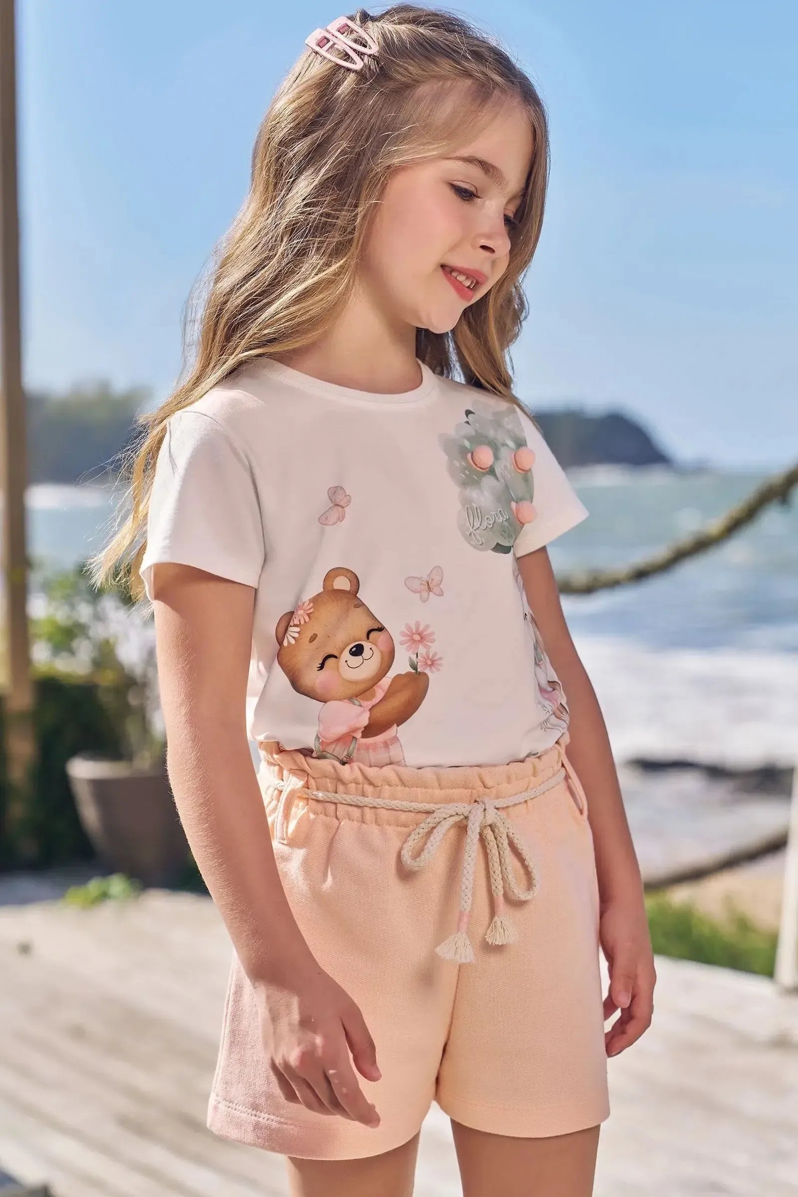Conjunto de Blusa em Meia Malha e Shorts em Moletom sem Pelúcia 94942 Infanti Infantil Menina