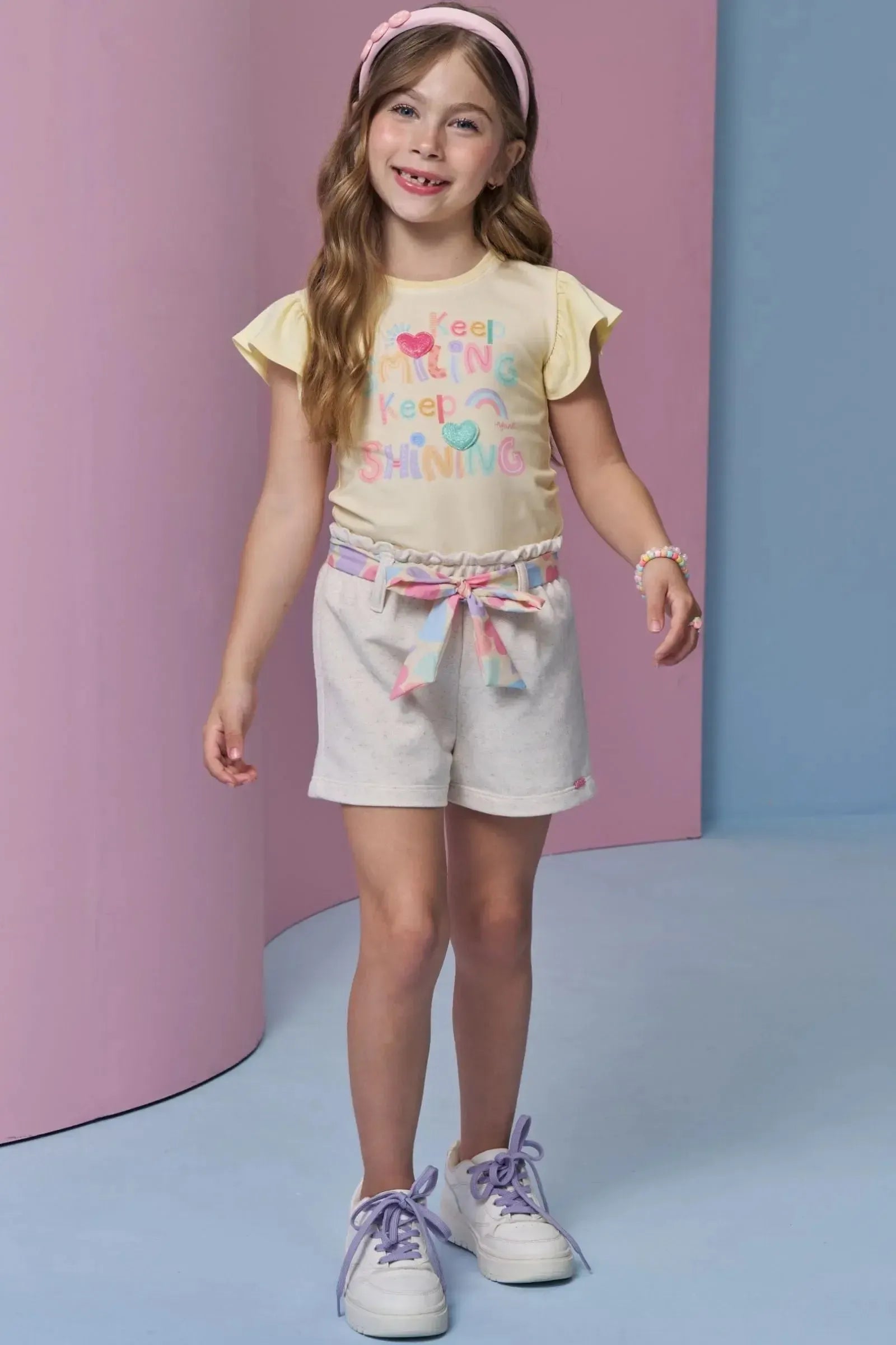 Conjunto de Blusa em Meia Malha e Shorts em Moletom sem Pelúcia 95425 Infanti Infantil Menina