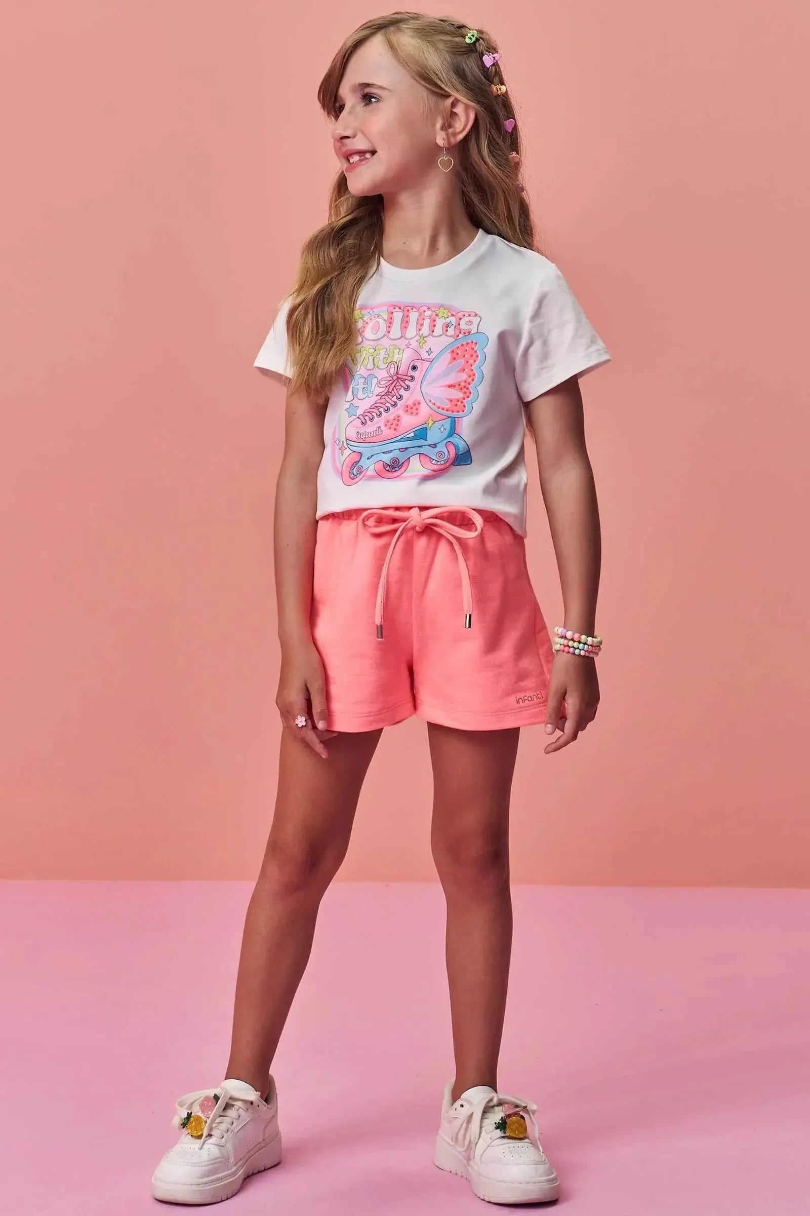 Conjunto de Blusa em Meia Malha e Shorts em Moletom sem Pelúcia 95558 Infanti Infantil Menina