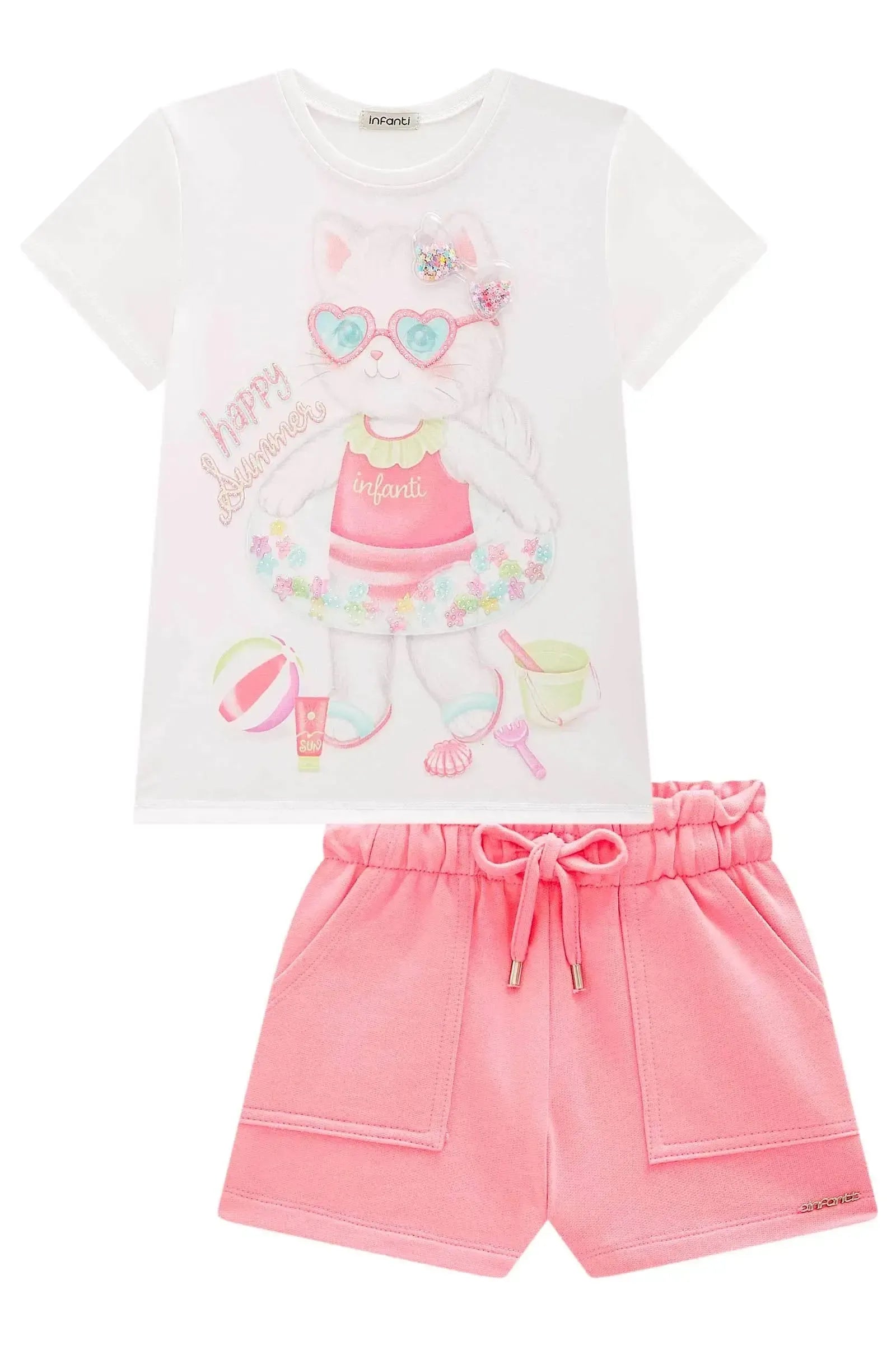 Conjunto de Blusa em Meia Malha e Shorts em Moletom sem Pelúcia 98355 Infanti Infantil Menina