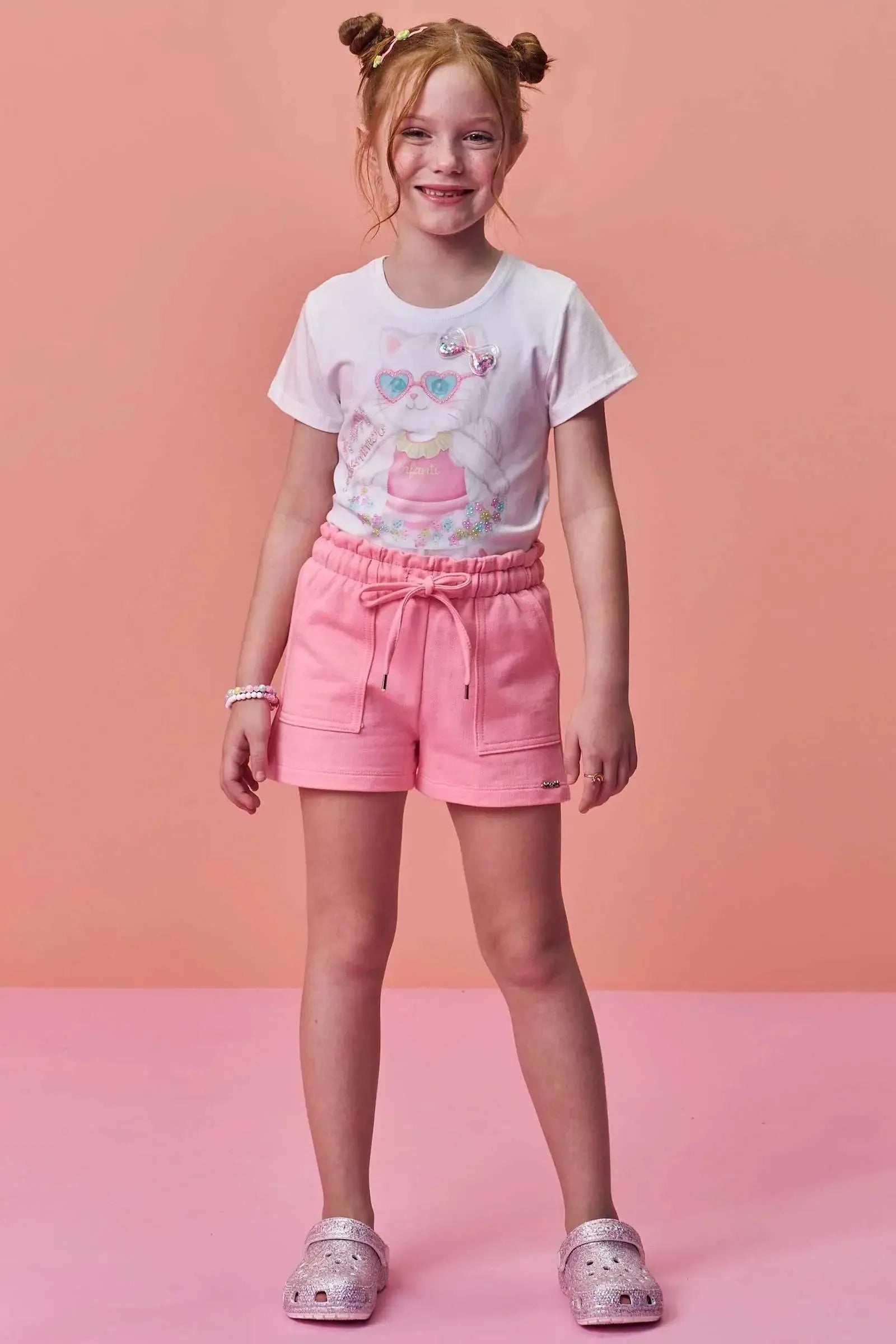 Conjunto de Blusa em Meia Malha e Shorts em Moletom sem Pelúcia 98355 Infanti Infantil Menina