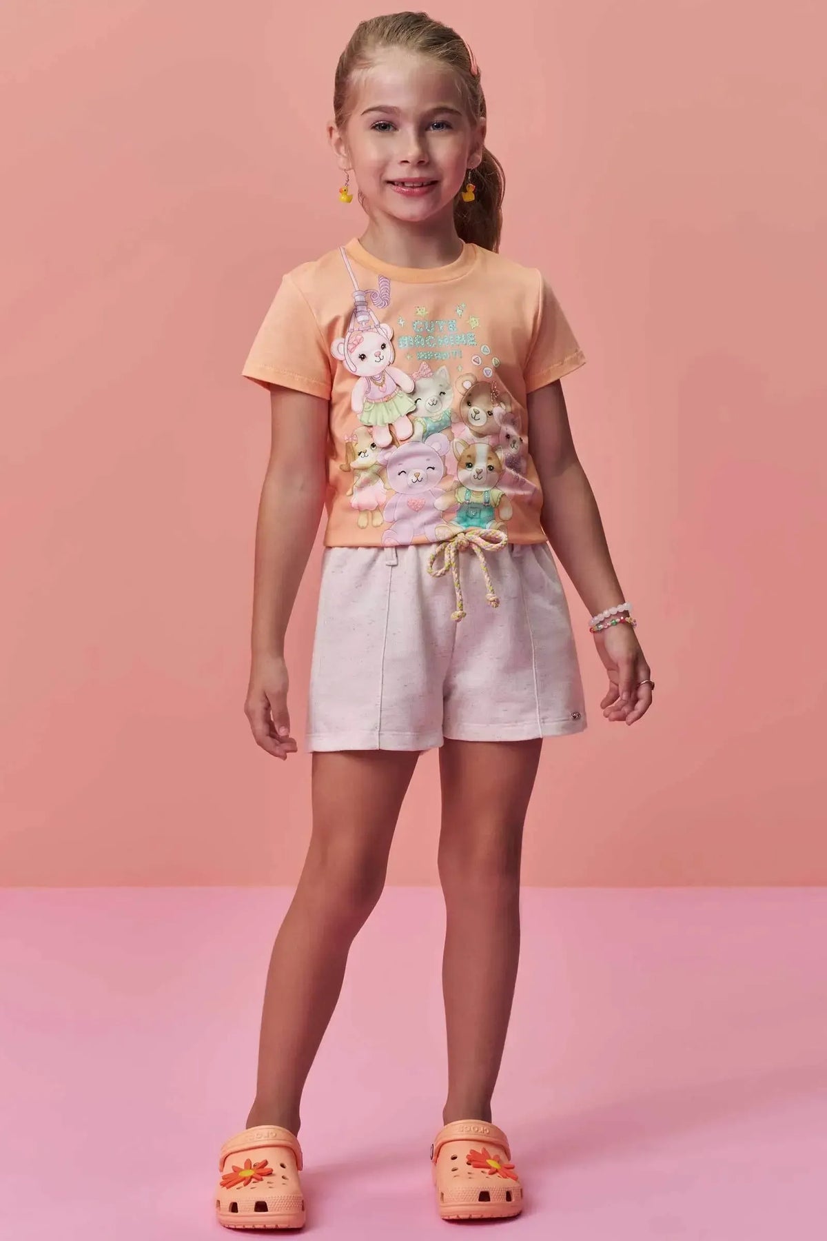 Conjunto de Blusa em Meia Malha e Shorts em Moletom sem Pelúcia 98372 Infanti Infantil Menina