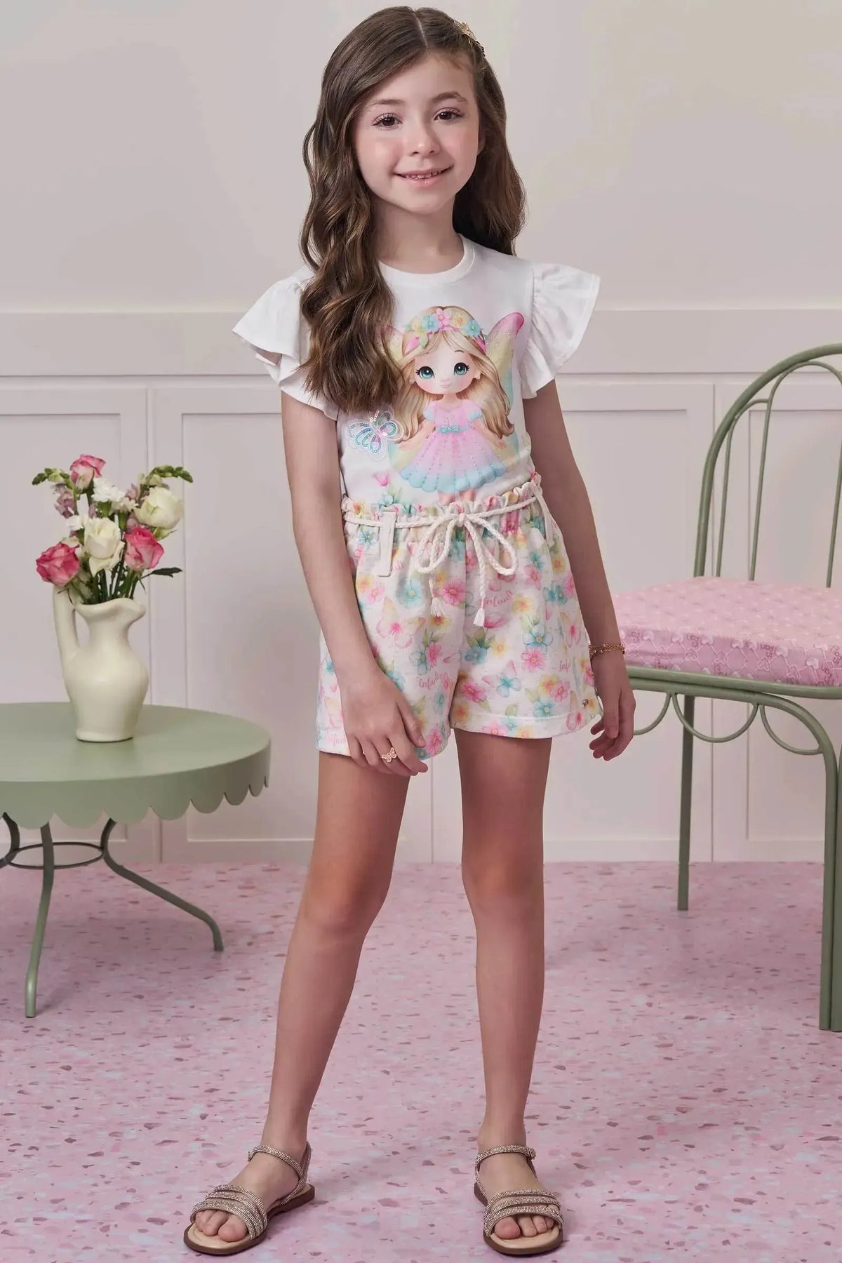 Conjunto de Blusa em Meia Malha e Shorts em Moletom sem Pelúcia 98589 Infanti Infantil Menina