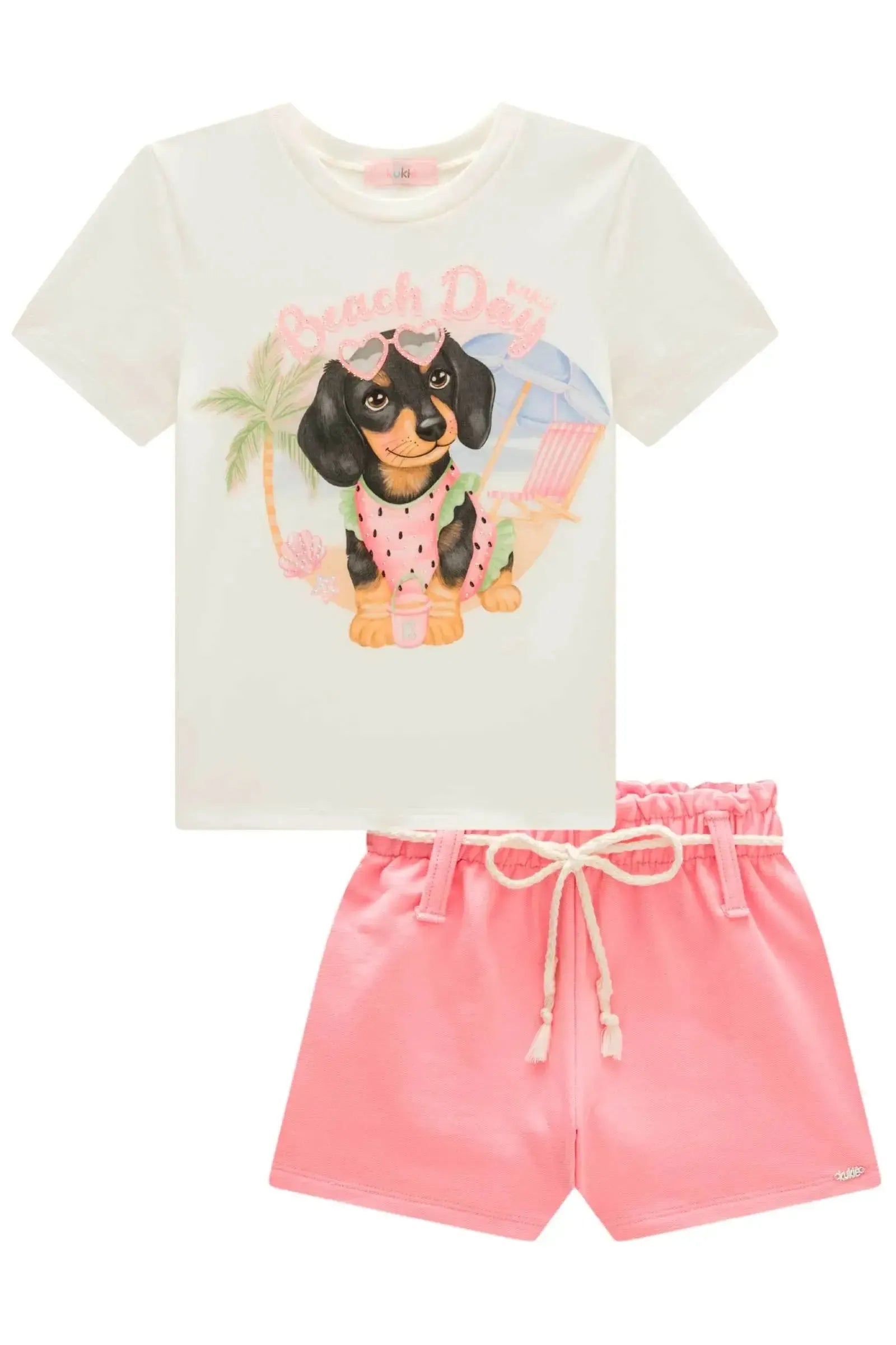 Conjunto de Blusa em Meia Malha e Shorts em Moletom sem Pelúcia 99619 Kukiê Infantil Menina