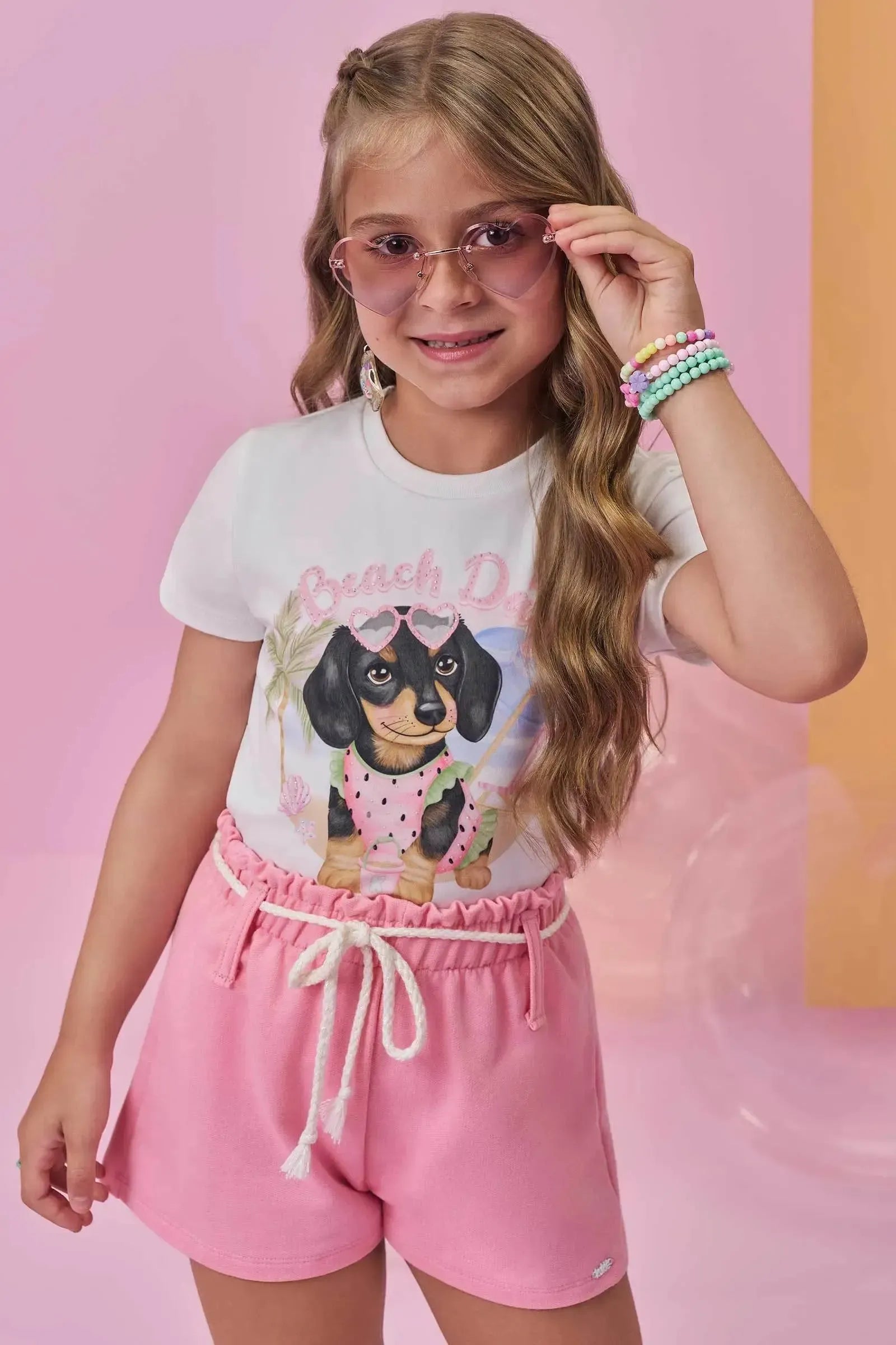 Conjunto de Blusa em Meia Malha e Shorts em Moletom sem Pelúcia 99619 Kukiê Infantil Menina