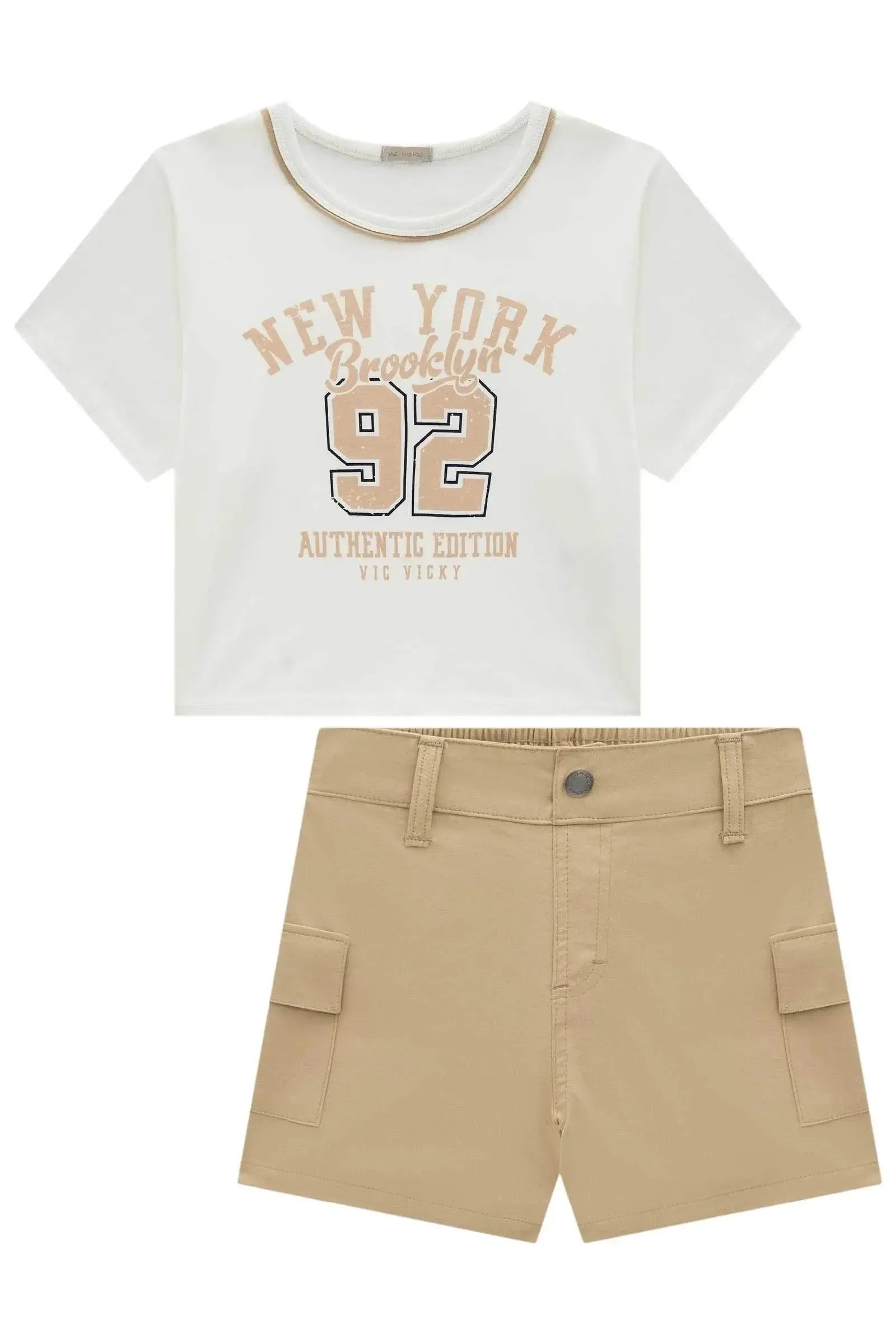 Conjunto de Blusa em Meia Malha e Shorts em Sarja com Elastano 95924 Vic&Vicky Teen Menina