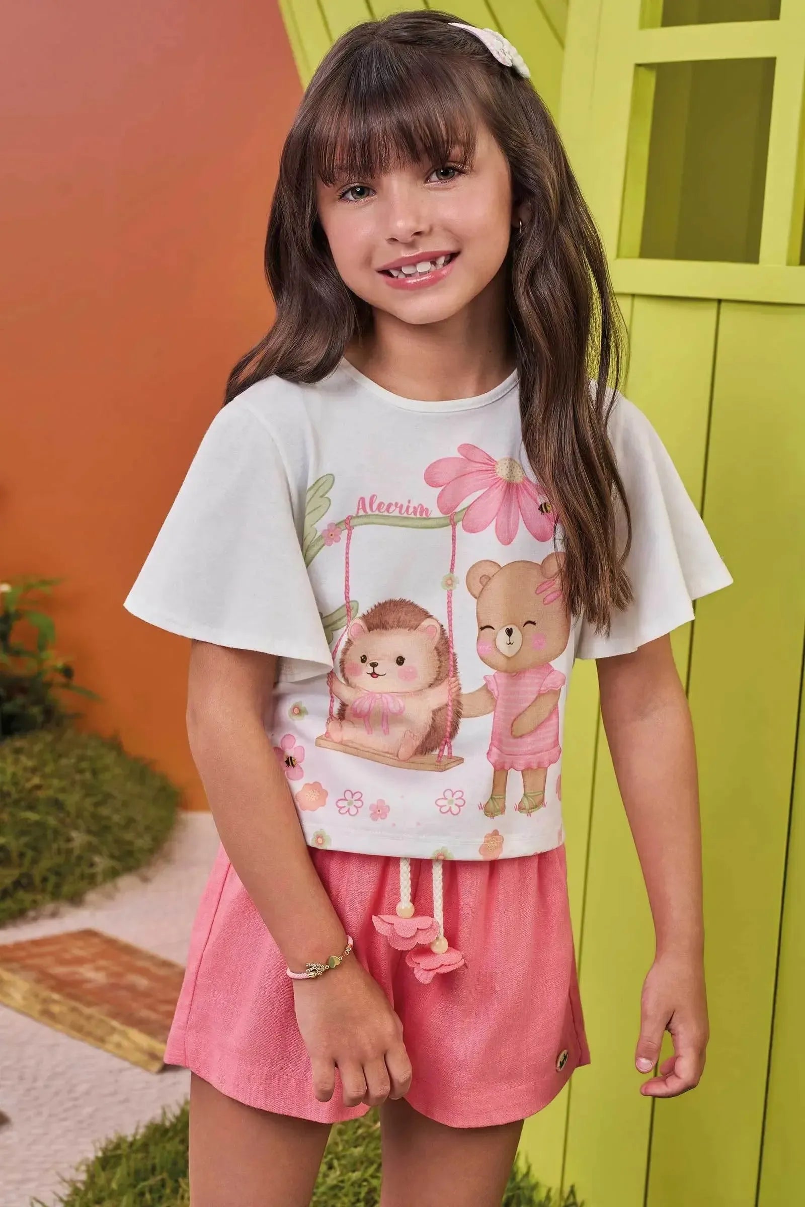 Conjunto de Blusa em Meia Malha e Shorts em Tecido Amber 98547 Kukiê Infantil Menina