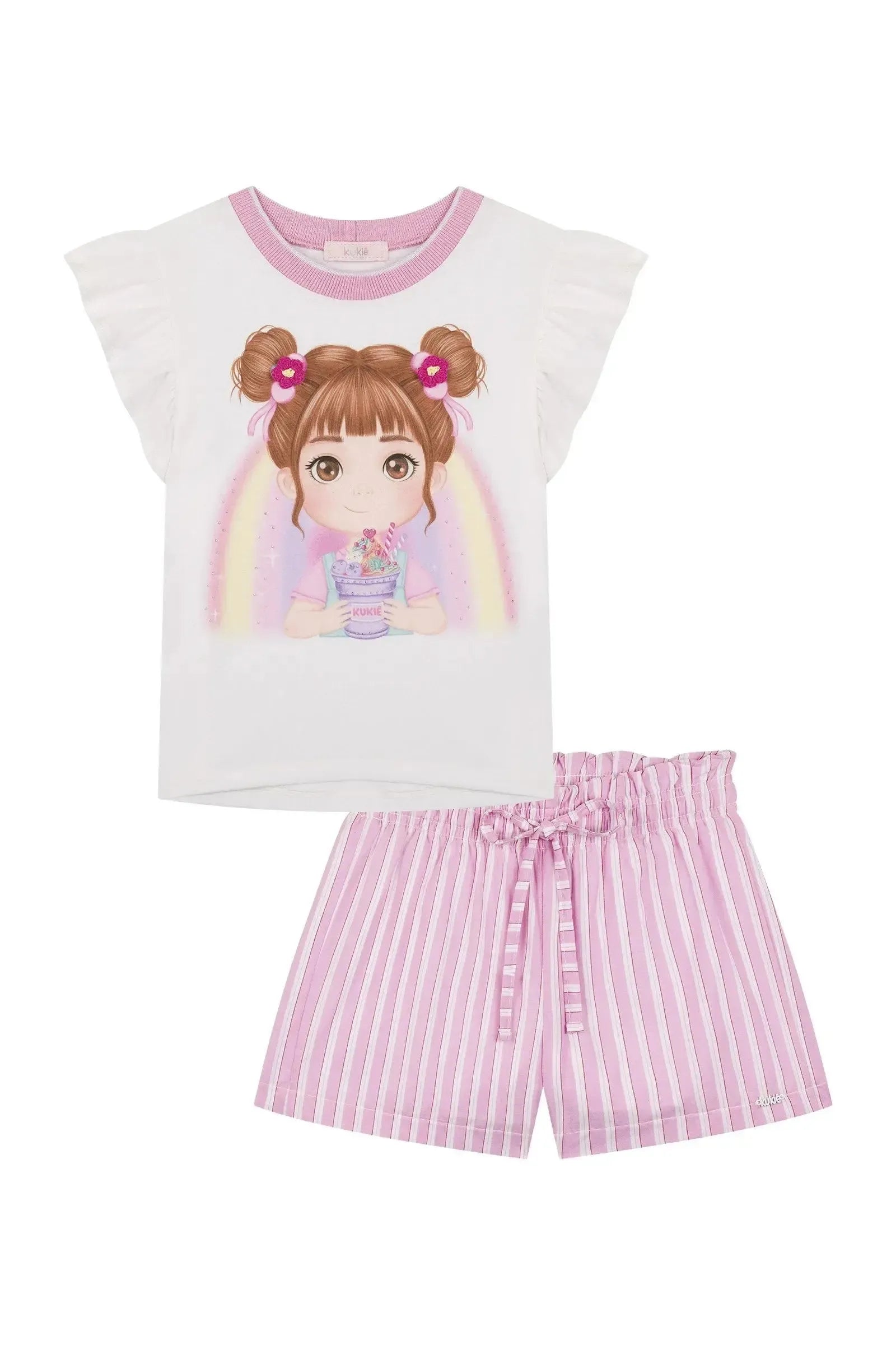 Conjunto de Blusa em Meia Malha e Shorts em Tricoline 100% Algodão 88220 Kukiê Infantil Menina