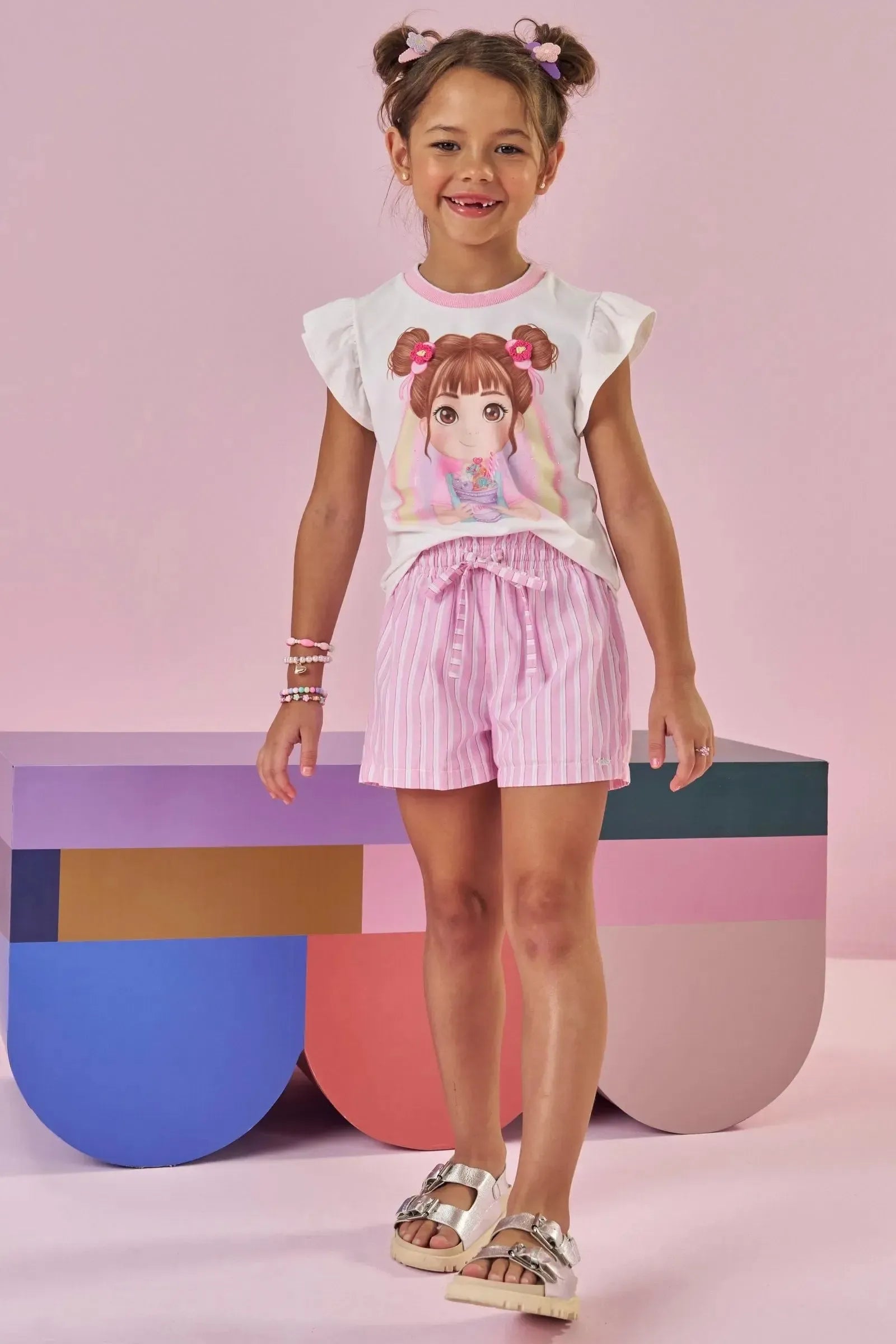 Conjunto de Blusa em Meia Malha e Shorts em Tricoline 100% Algodão 88220 Kukiê Infantil Menina