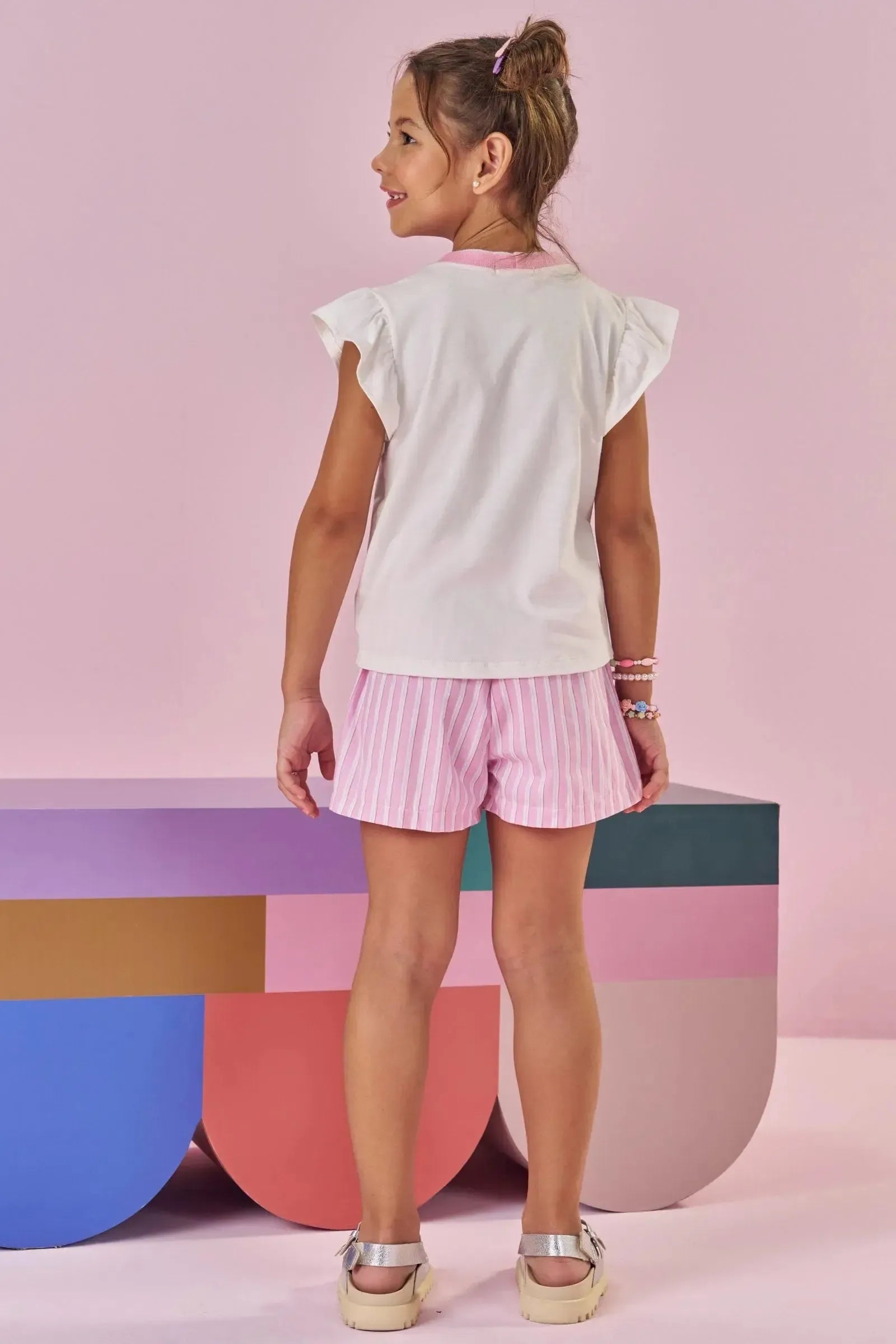 Conjunto de Blusa em Meia Malha e Shorts em Tricoline 100% Algodão 88220 Kukiê Infantil Menina