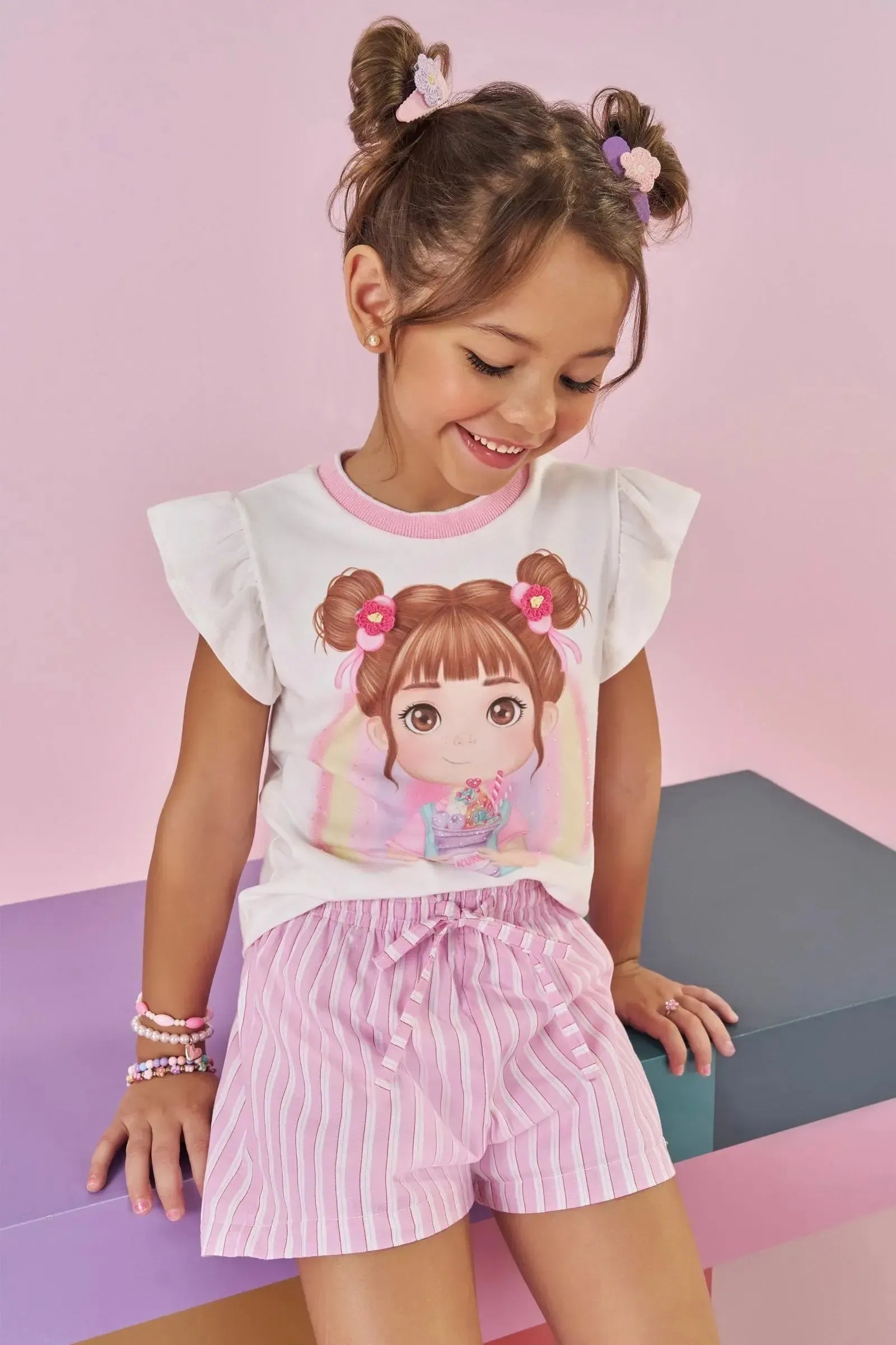 Conjunto de Blusa em Meia Malha e Shorts em Tricoline 100% Algodão 88220 Kukiê Infantil Menina