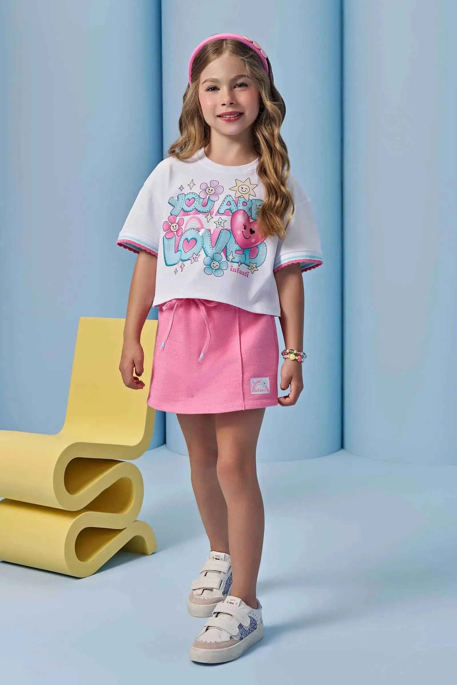 Conjunto de Blusa em Meia Malha e Shorts Saia em Moletom Botonê sem Pelúcia 95685 Infanti Infantil Menina