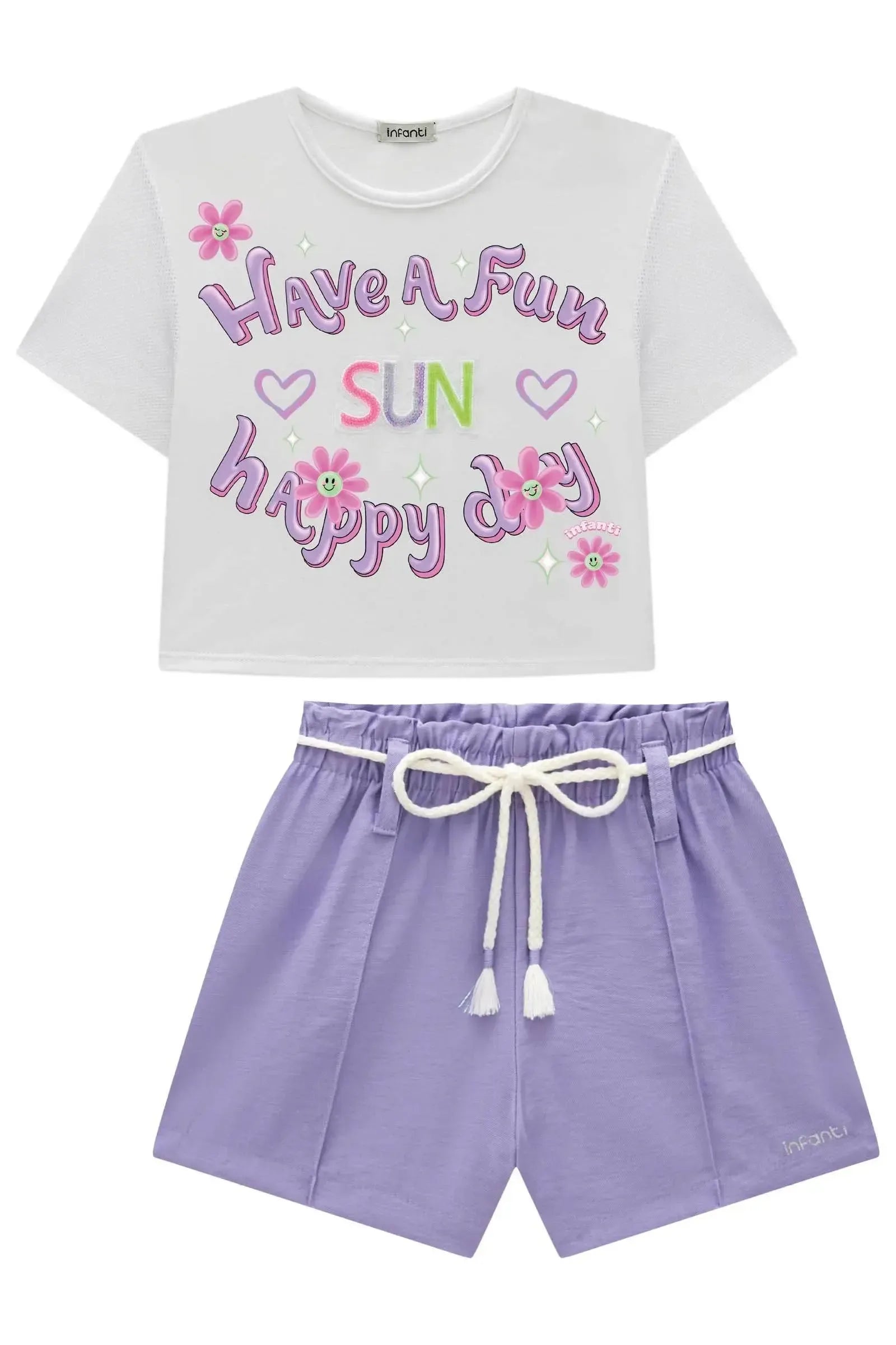 Conjunto de Blusa em Meia Malha e Tela e Shorts em Blend de Viscose 93215 Infanti Infantil Menina