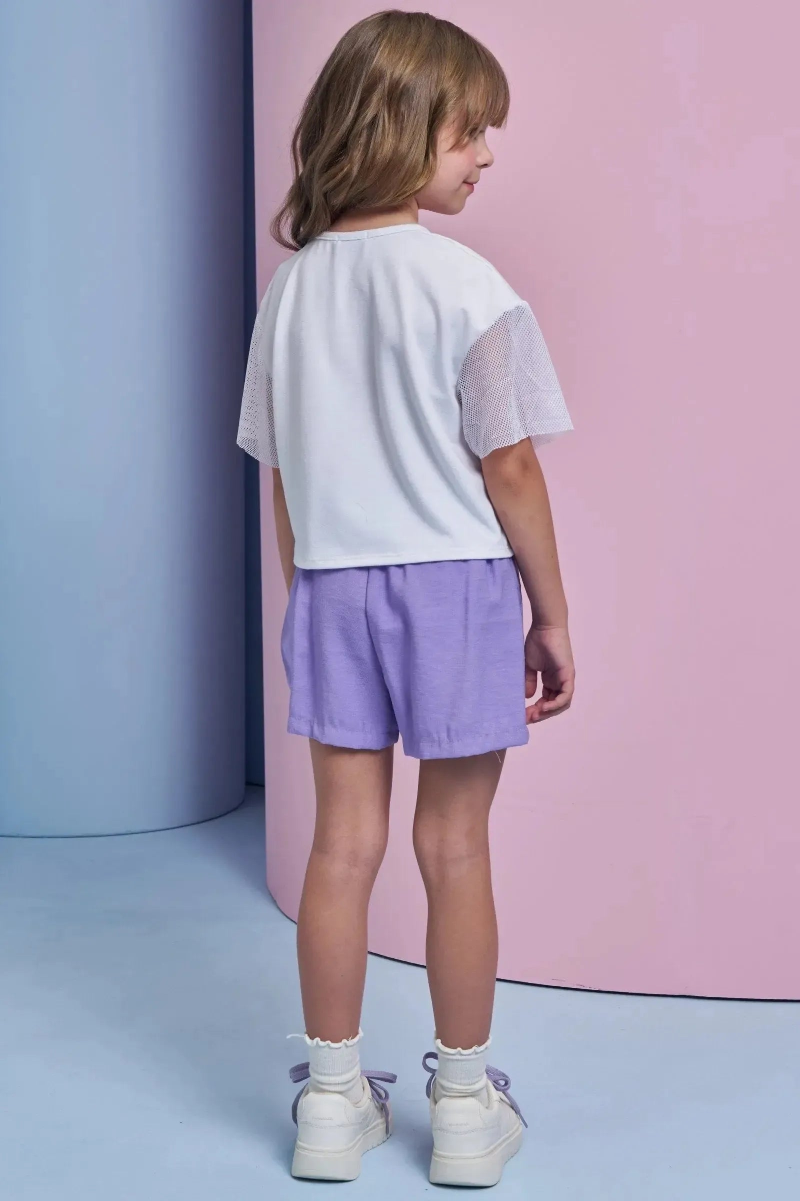 Conjunto de Blusa em Meia Malha e Tela e Shorts em Blend de Viscose 93215 Infanti Infantil Menina