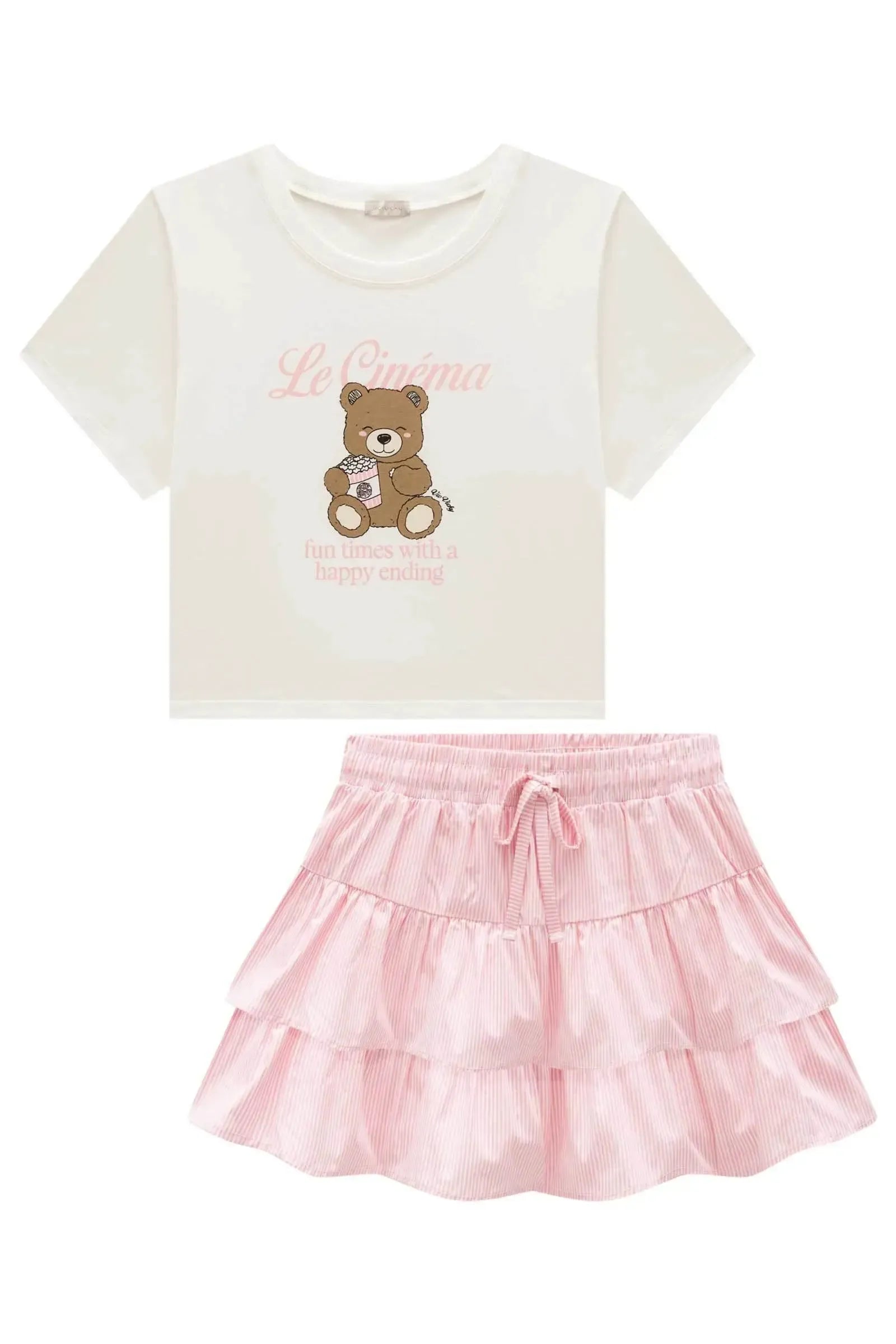 Conjunto de Blusa em Meia Malha Saia em Tricoline com Elastano e Shorts Embutido 96868 Vic&Vicky Teen Menina
