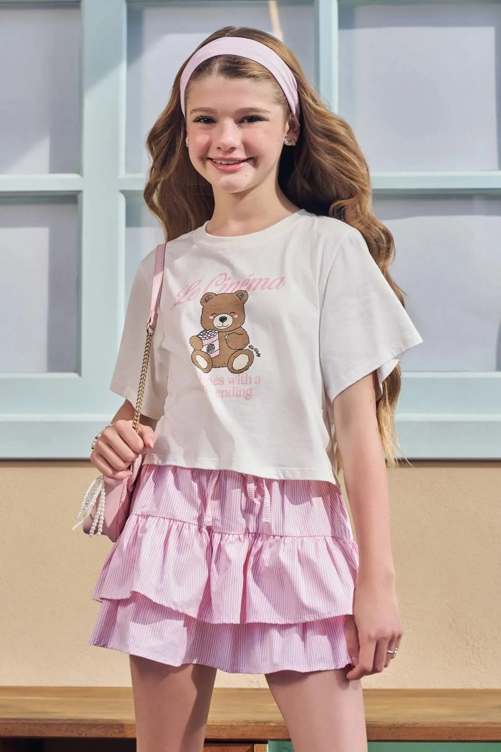 Conjunto de Blusa em Meia Malha Saia em Tricoline com Elastano e Shorts Embutido 96868 Vic&Vicky Teen Menina