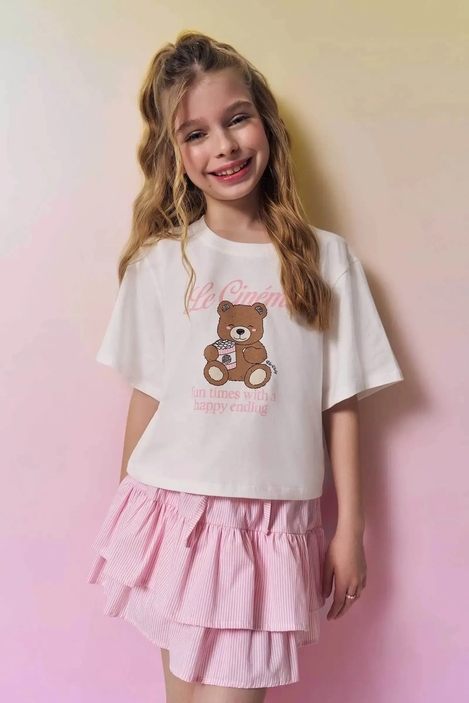 Conjunto de Blusa em Meia Malha Saia em Tricoline com Elastano e Shorts Embutido 96868 Vic&Vicky Teen Menina