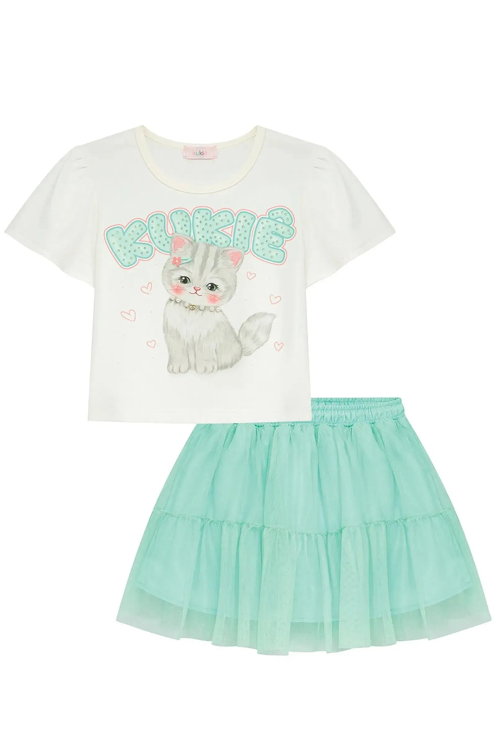 Conjunto de Blusa em Mela Malha e Saia em Tule com Elastano com Shorts Embutido 93633 Kukiê Infantil Menina