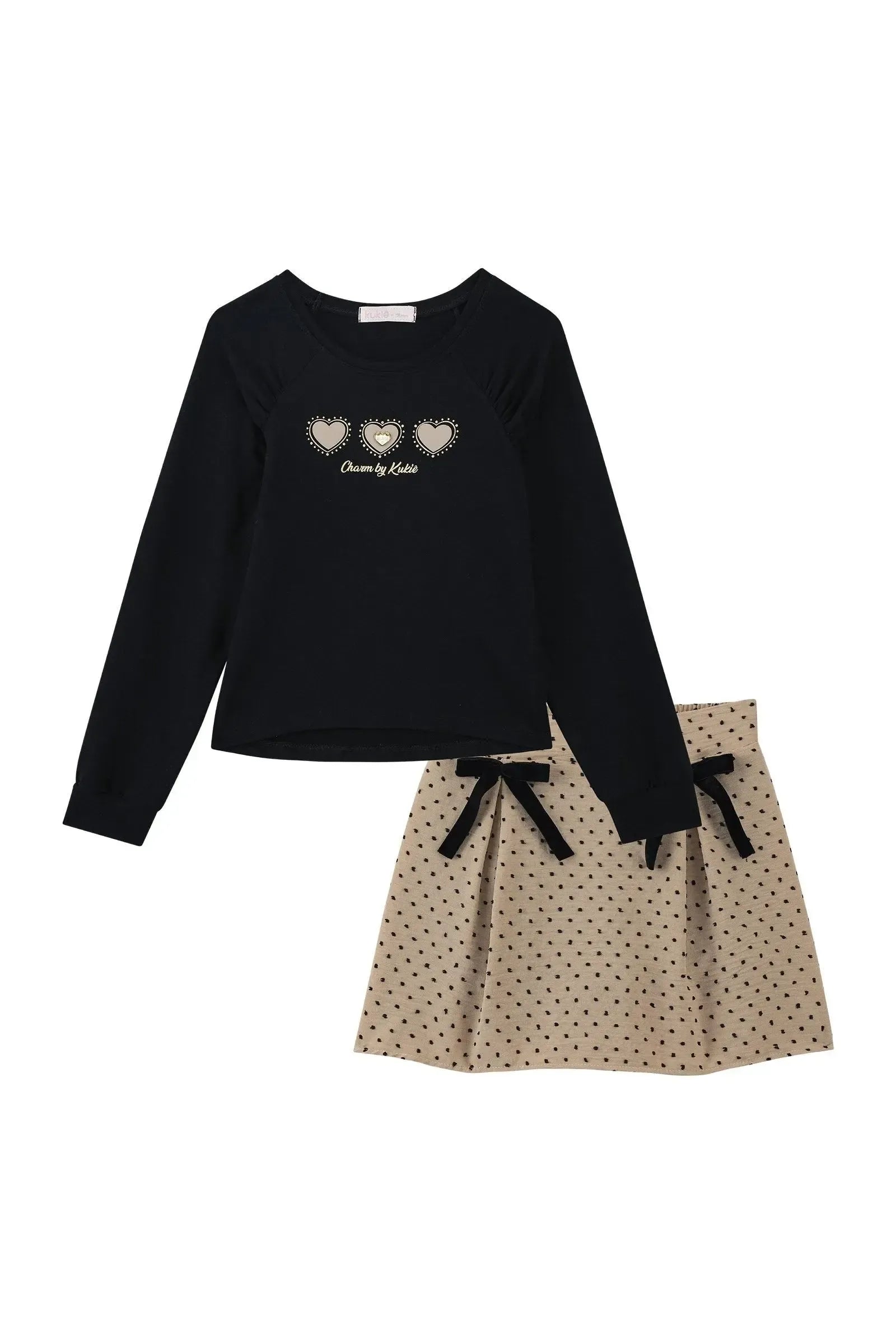 Conjunto de Blusa em Molevisco e Saia em Crepe Textura Poá (com Shorts Embutido) 91817 Kukiê Infantil Menina