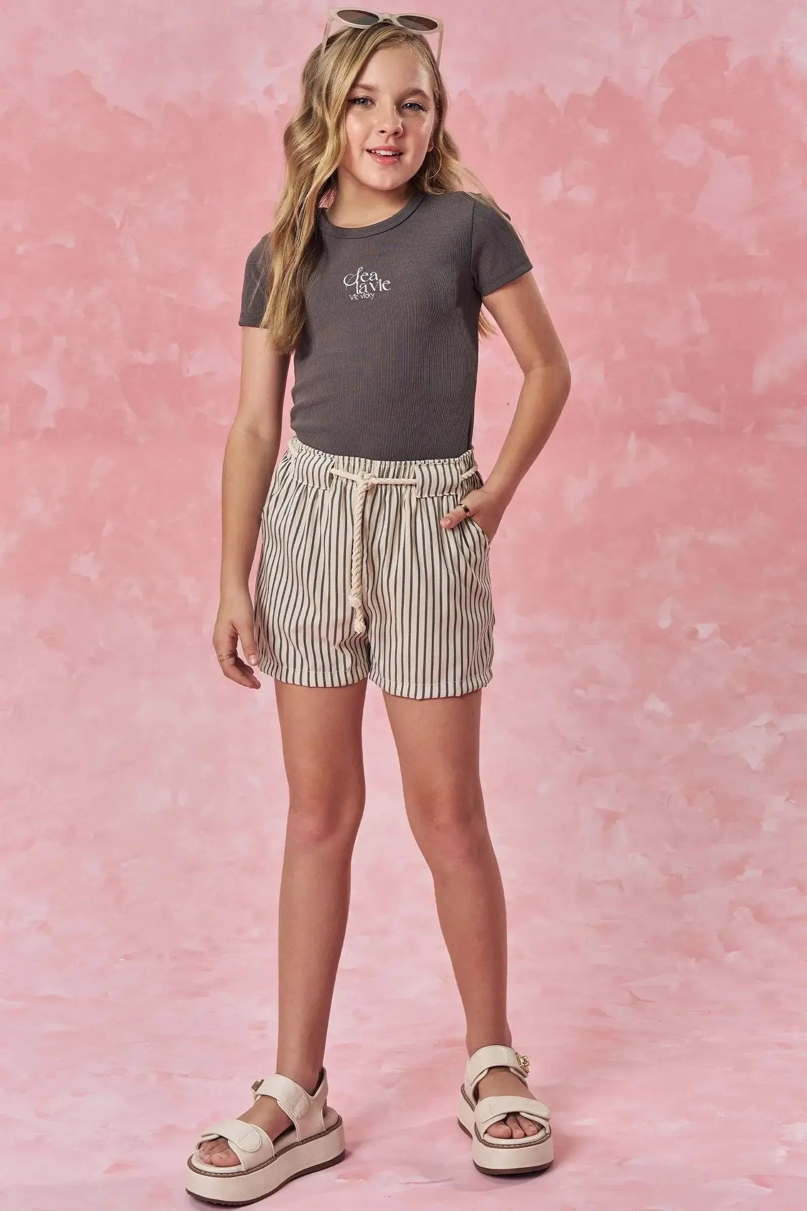 Conjunto de Blusa em Ribana 1x1 e Shorts em Techno Stretch 83704 Vic&Vicky Teen Menina