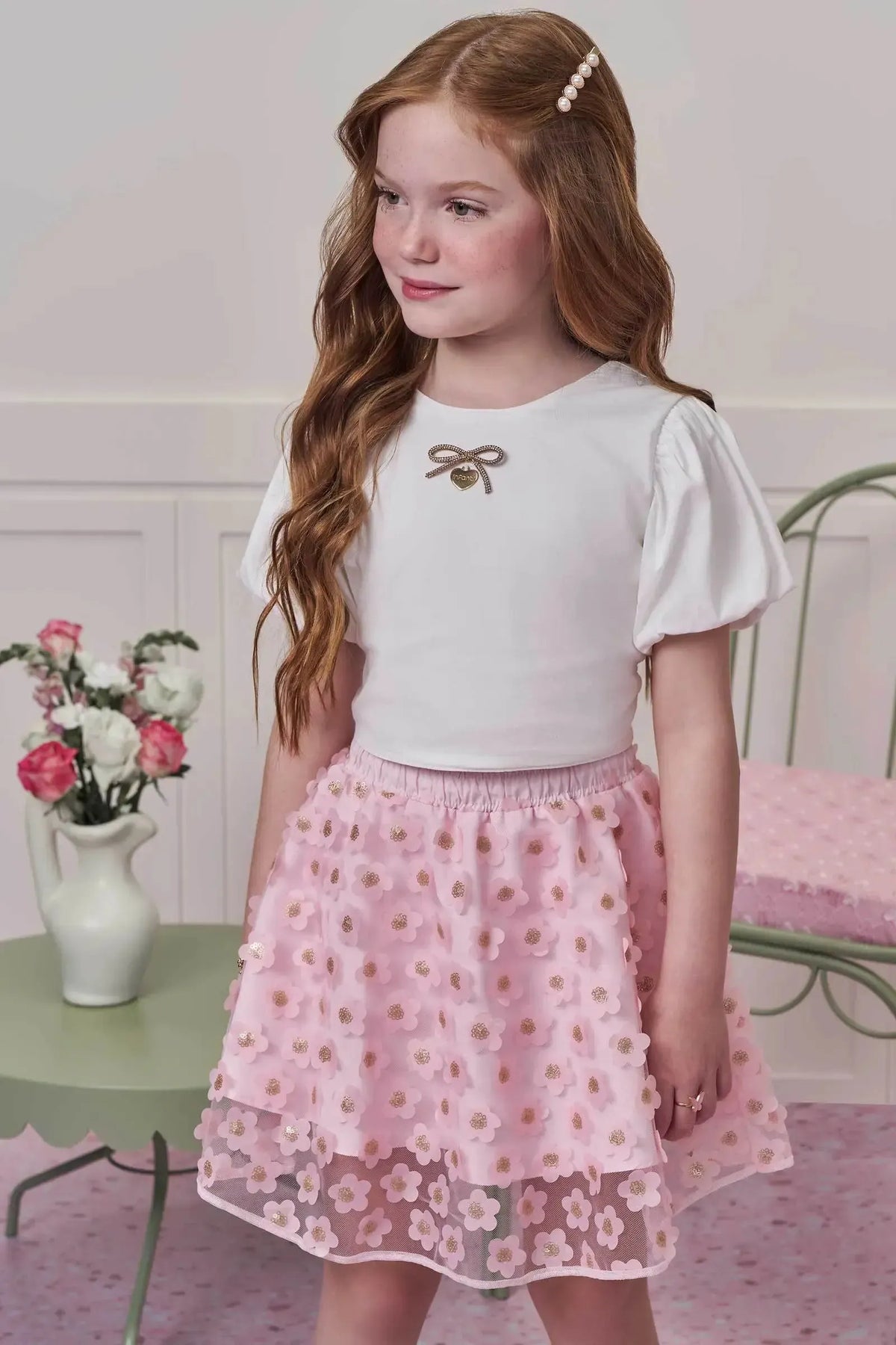 Conjunto de Blusa em Tricoline e Saia em Tule Bordado Flower. Com Shorts Embutido 99080 Infanti Infantil Menina