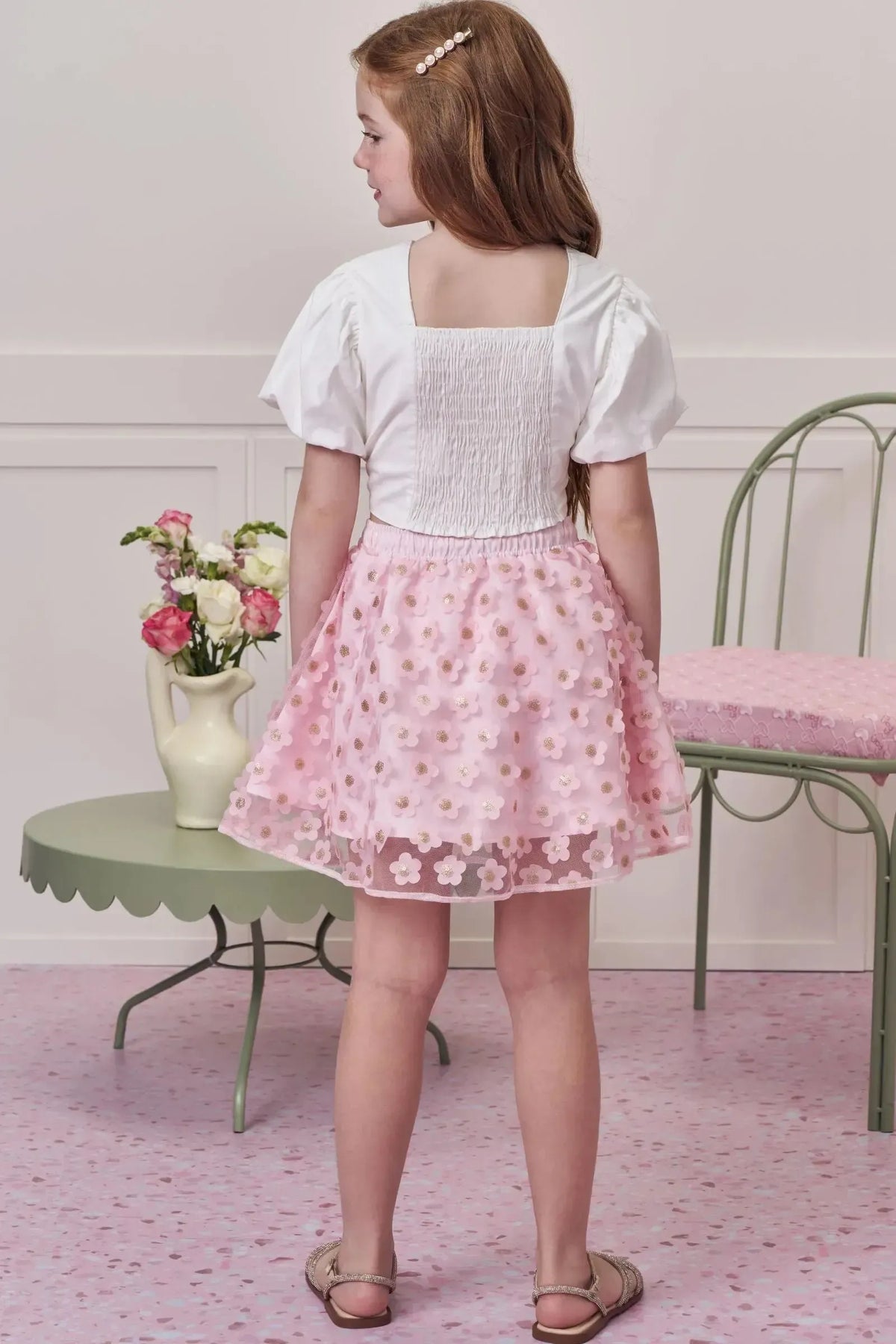 Conjunto de Blusa em Tricoline e Saia em Tule Bordado Flower. Com Shorts Embutido 99080 Infanti Infantil Menina