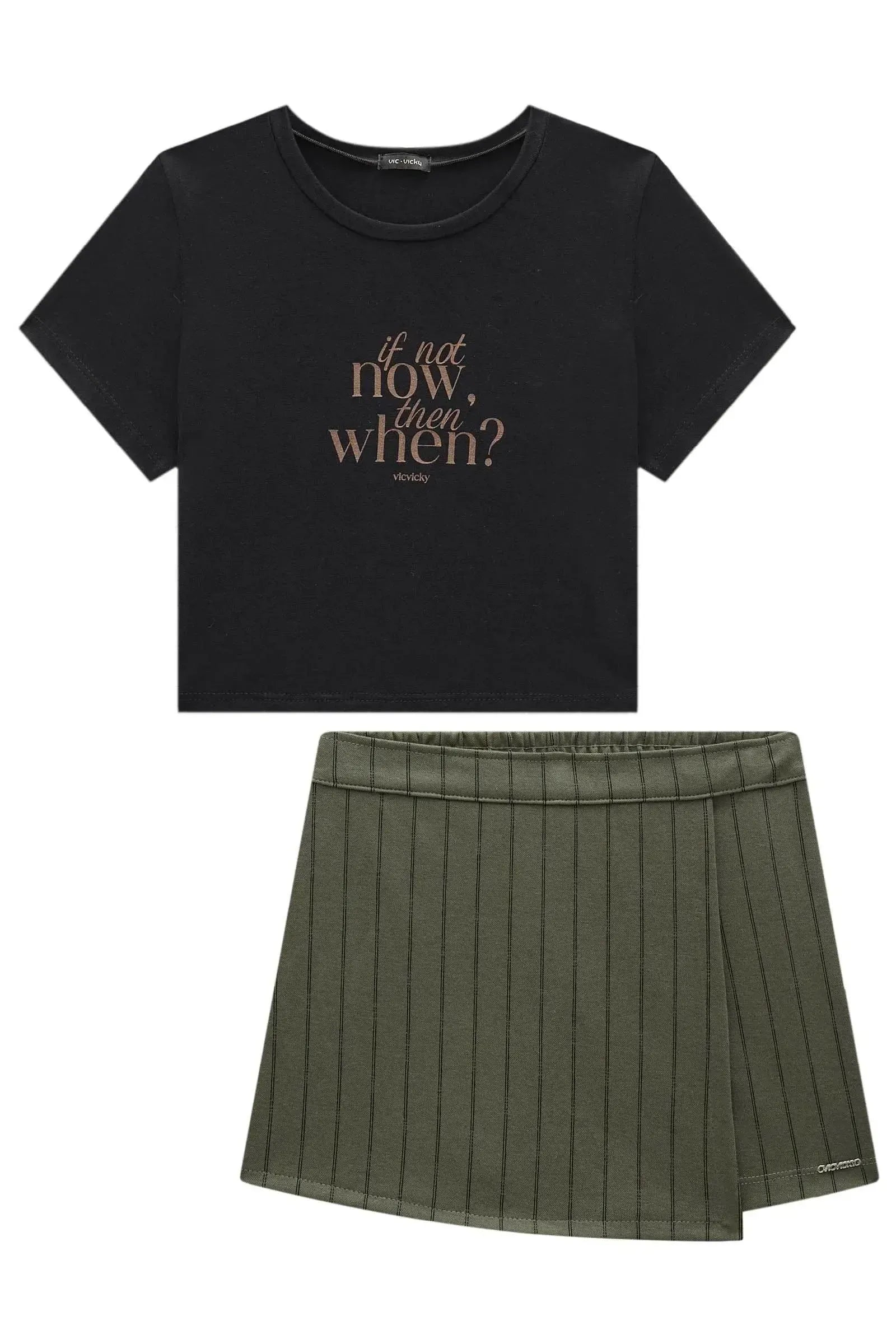 Conjunto de Blusa em Viscolycra e Short Saia em Malha Tailor Fio Tinto 95997 Vic&Vicky Teen Menina
