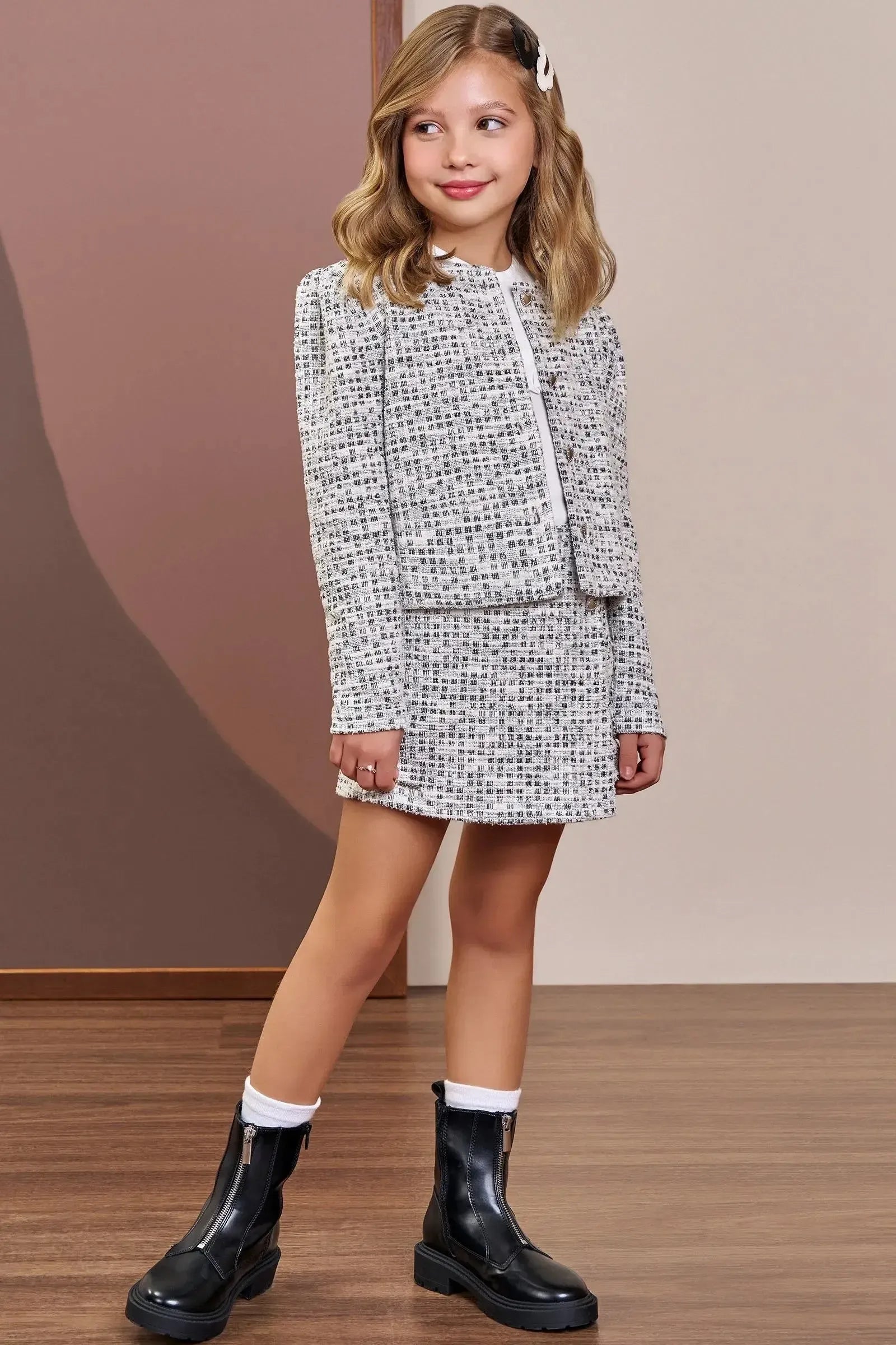 Conjunto de Blusa em Viscose Sarjada e Short Saia em Malha Tweed 90748 Infanti Infantil Menina