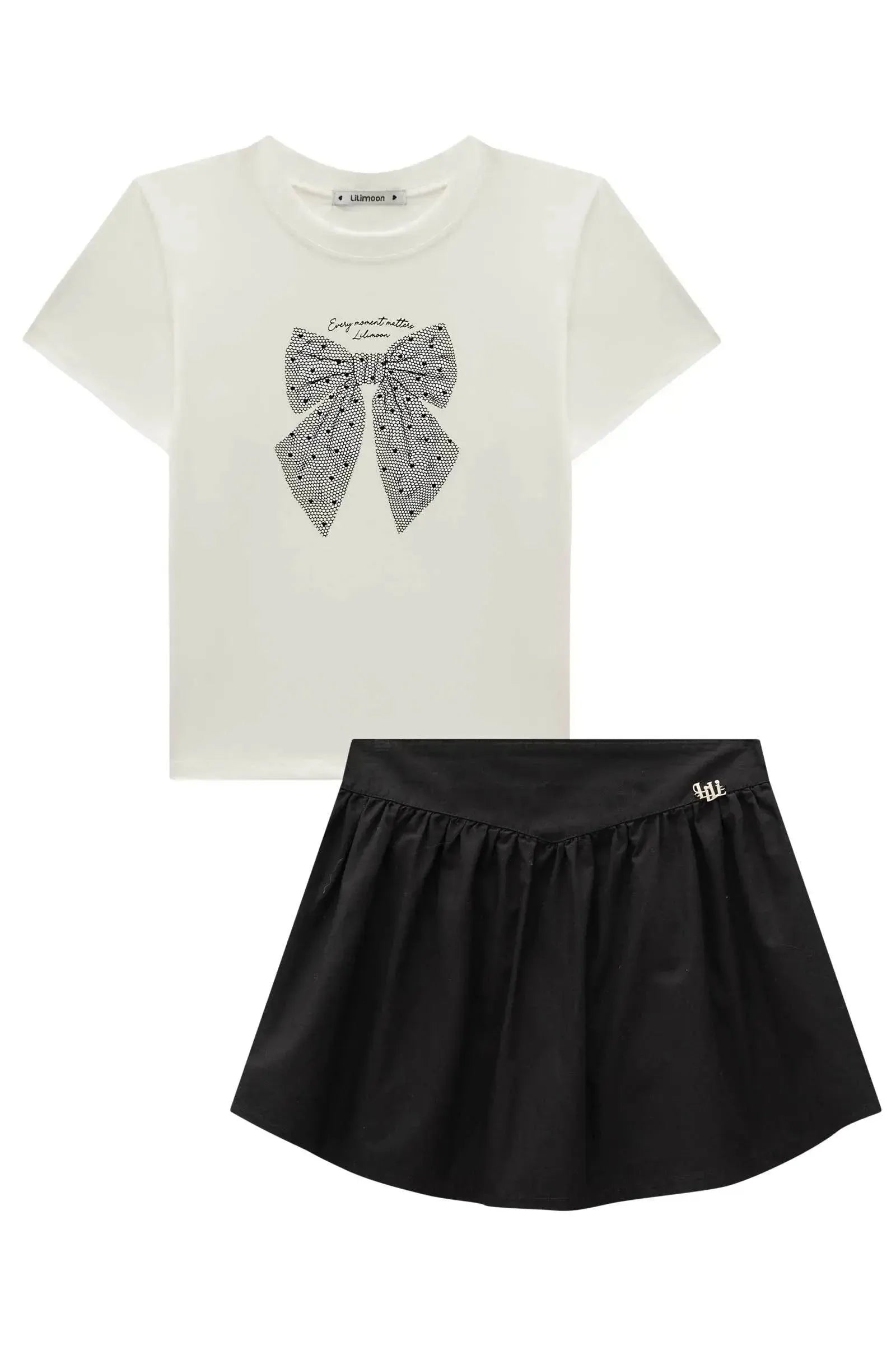 Conjunto de Blusa Over em Meia Malha e Saia em Sarja Empapelada 84450 Lilimoon Teen Menina