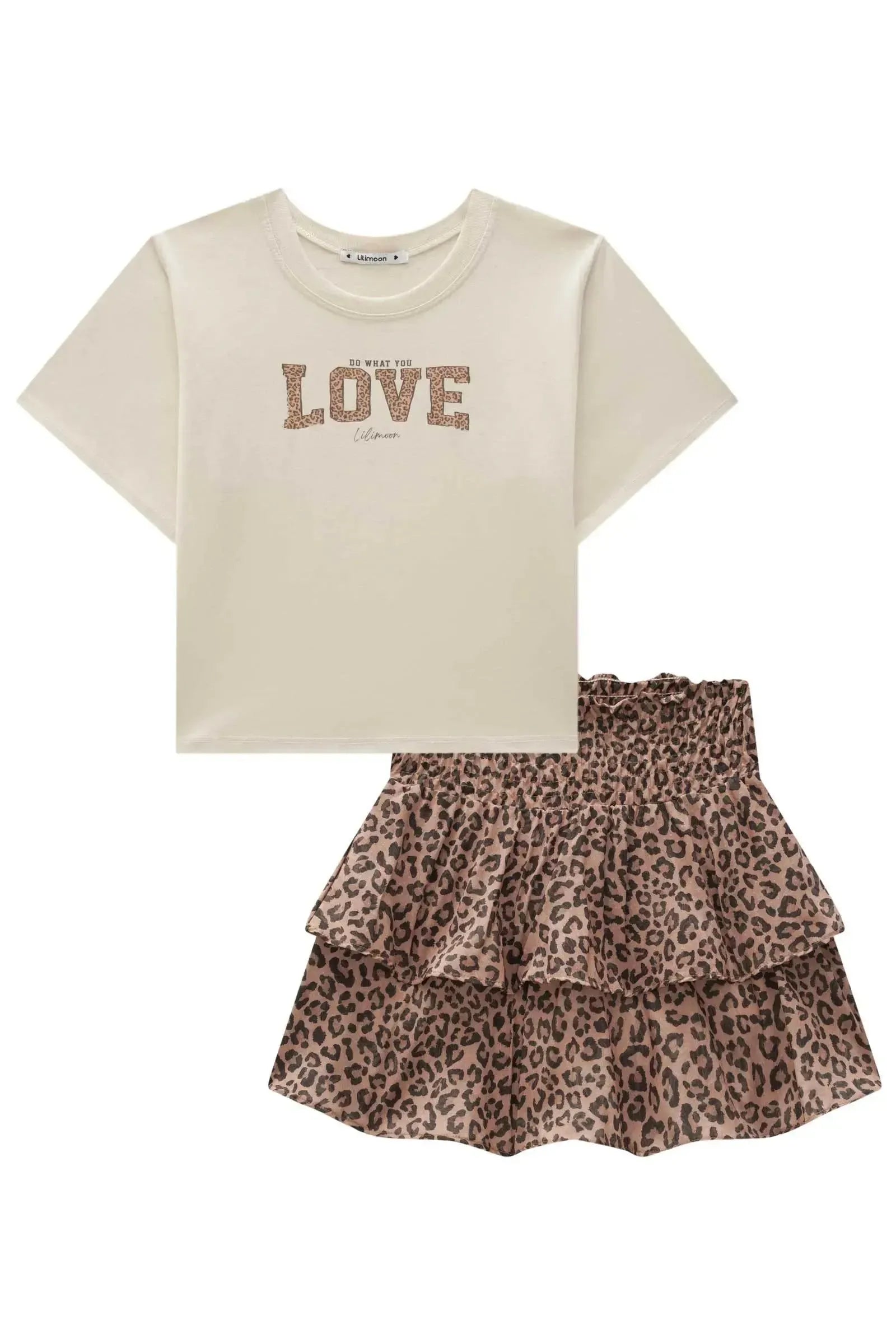 Conjunto de Blusa Over em Meia Malha e Saia em Tecido Light Peach com Shorts Embutido 84404 Lilimoon Teen Menina