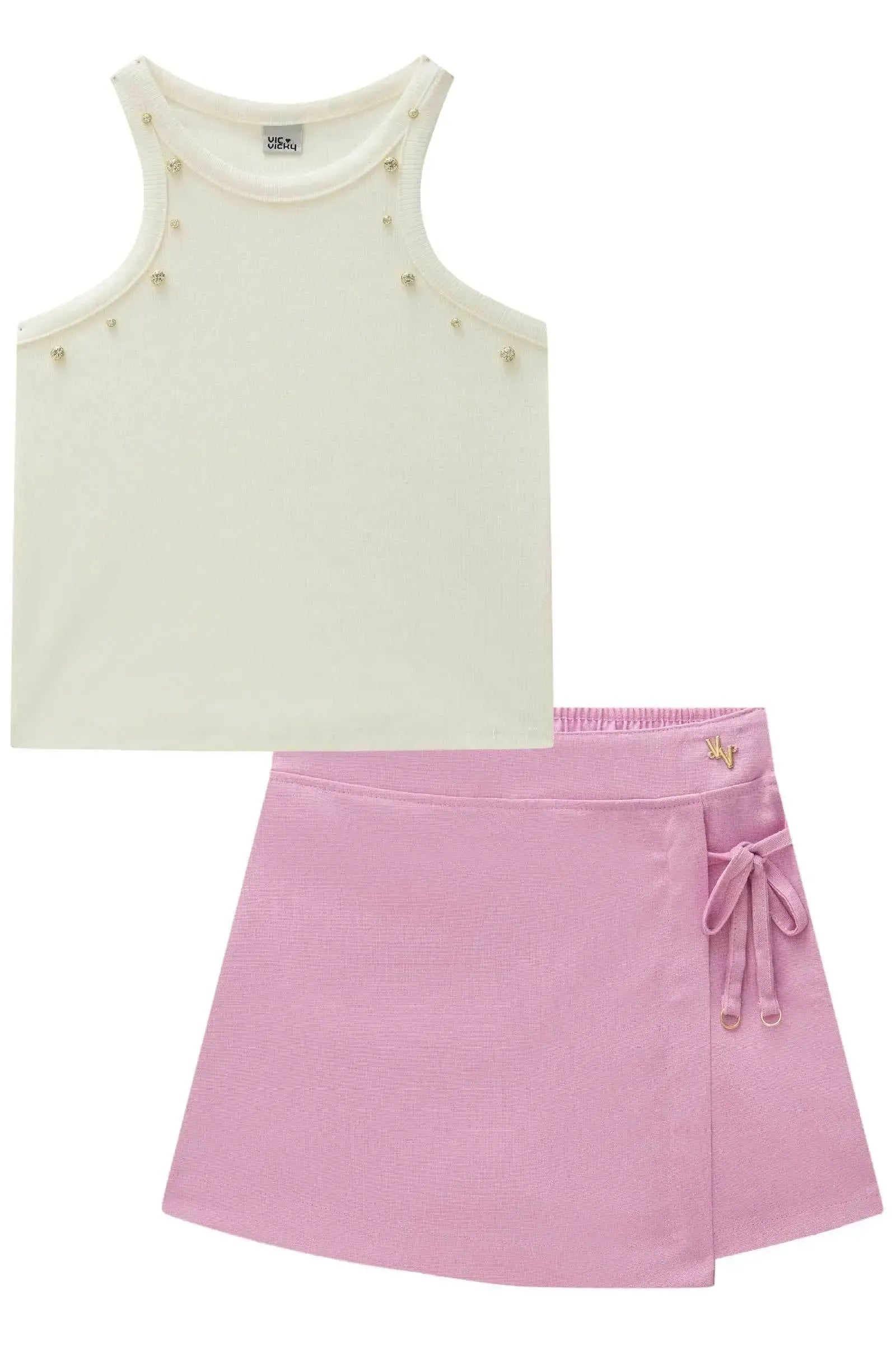Conjunto de Blusa Regata Boxy em Canelado Liz e Short Saia em Viscolinho 88653 Vic&Vicky Teen Menina