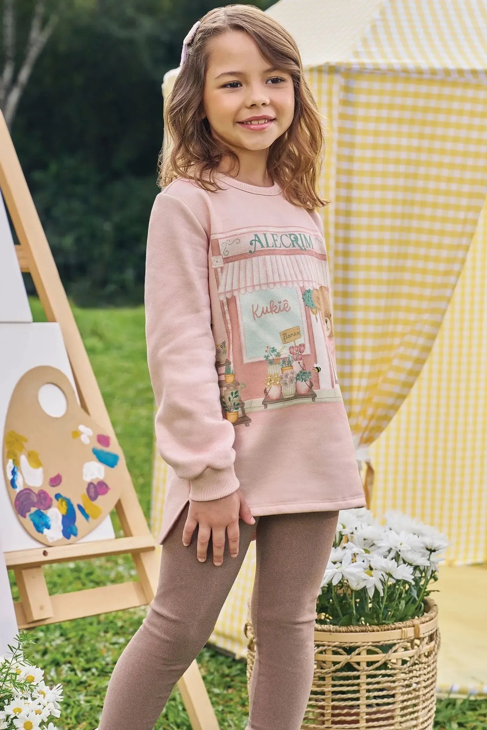 Conjunto de Blusão Alongado em Moletom com Pelúcia e Calça Legging em Canelado Comfy 89561 Kukiê Infantil Menina