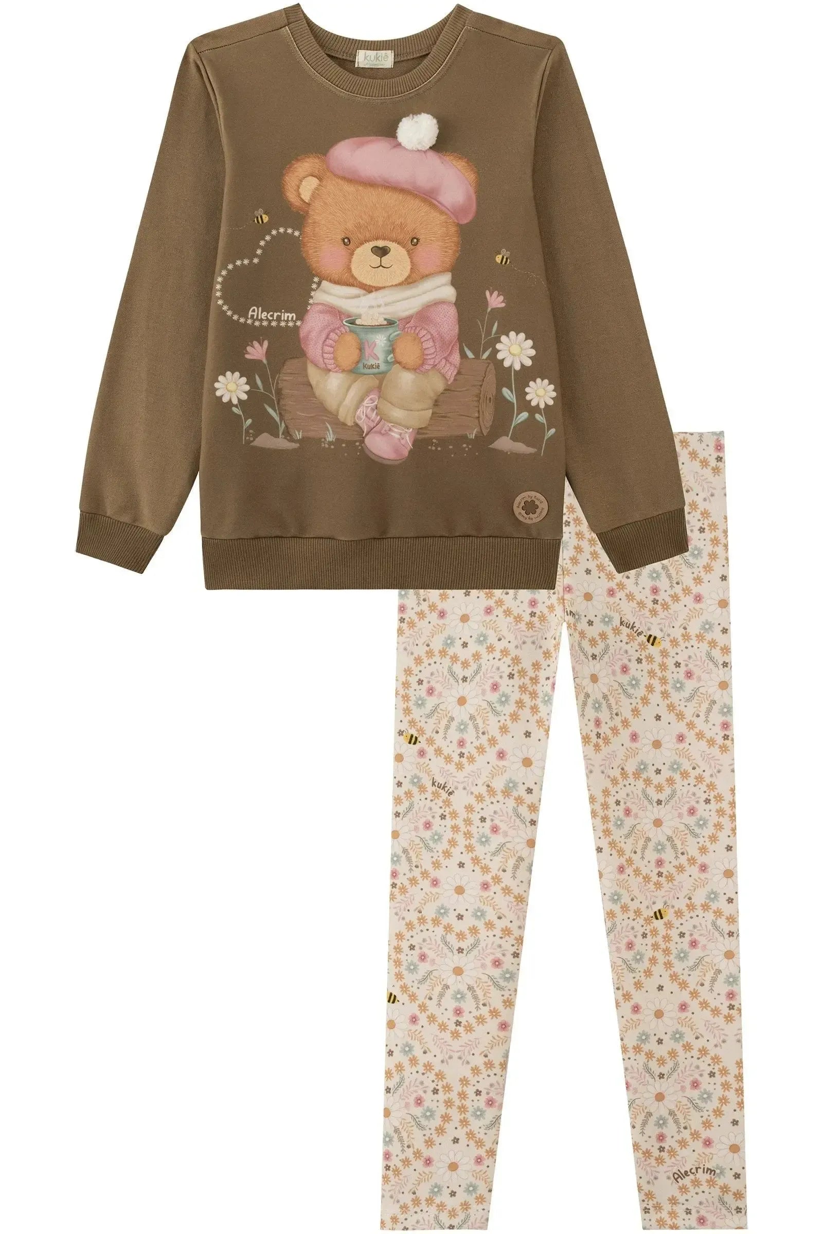 Conjunto de Blusão Alongado em Moletom sem Pelúcia e Calça Legging em Molecotton 89897 Kukiê Infantil Menina