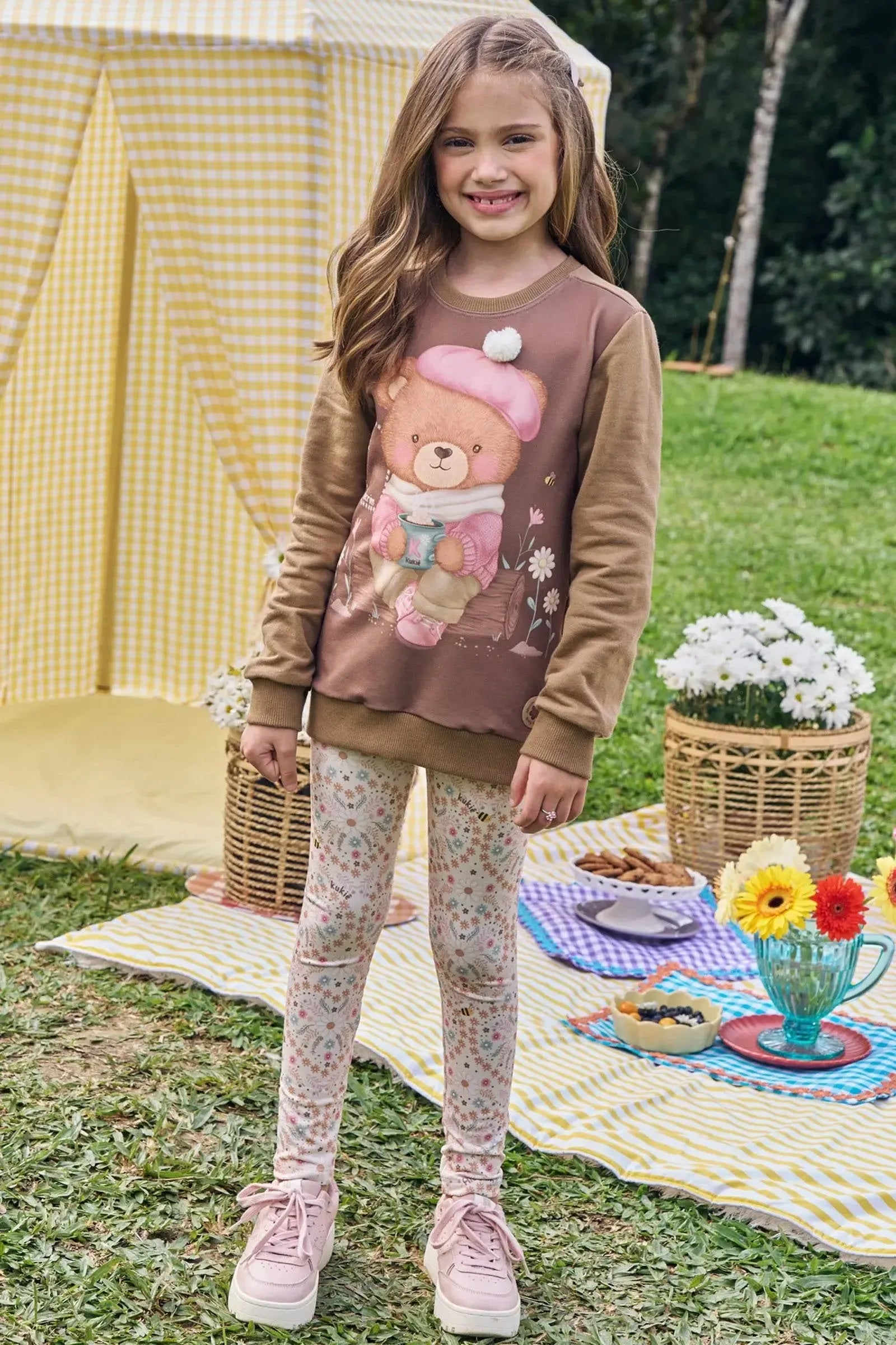Conjunto de Blusão Alongado em Moletom sem Pelúcia e Calça Legging em Molecotton 89897 Kukiê Infantil Menina